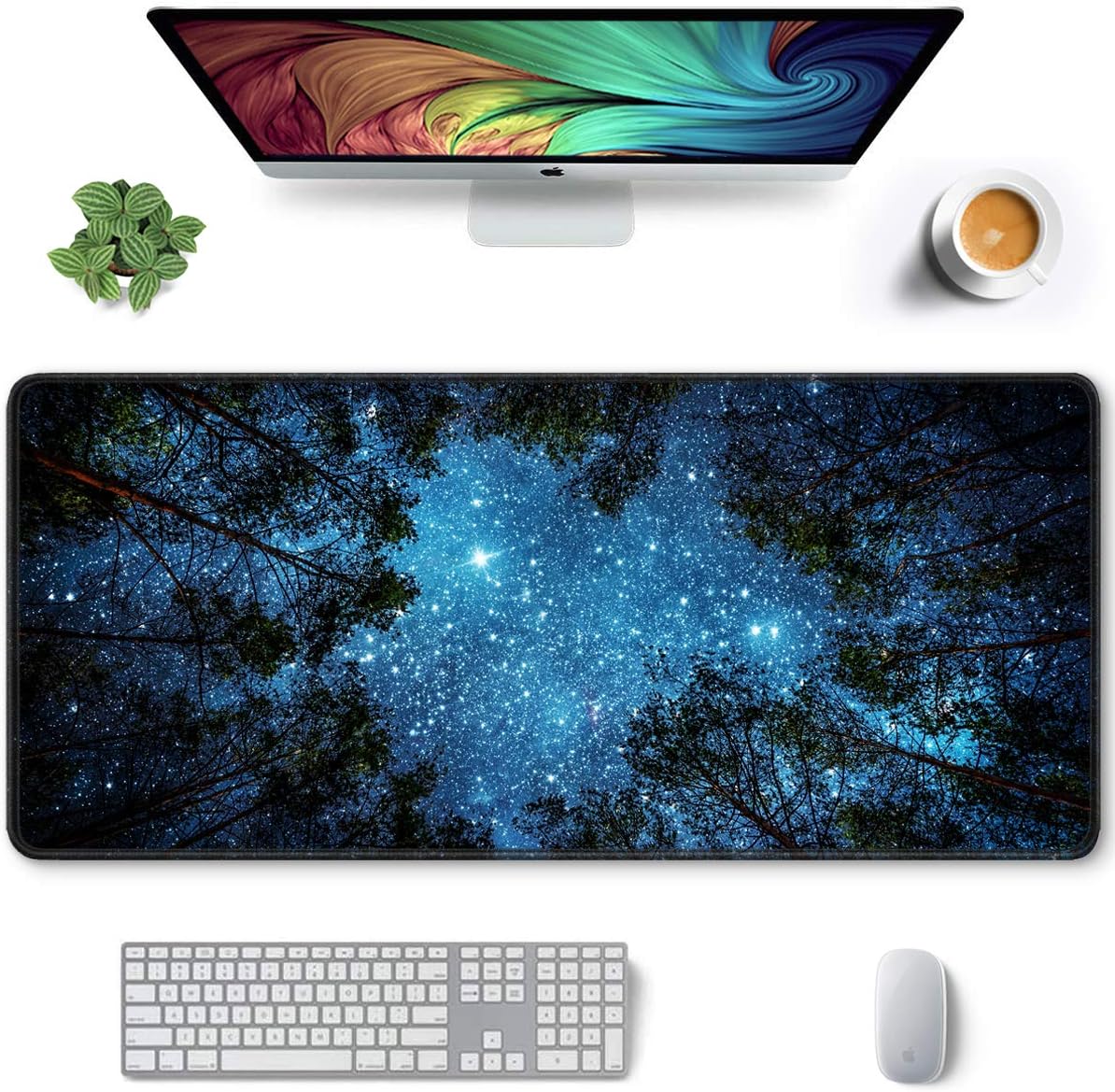 Auhoahsil Large Gaming Mouse Pad, Nature Theme XXL 35.4 x 15.7 in Desk Pad Stitched Non-Slip Rubber Long Computer Mousepad Thin Extended Full Size Desk Mat for Desktop Laptop Wireless Mice, Night Sky