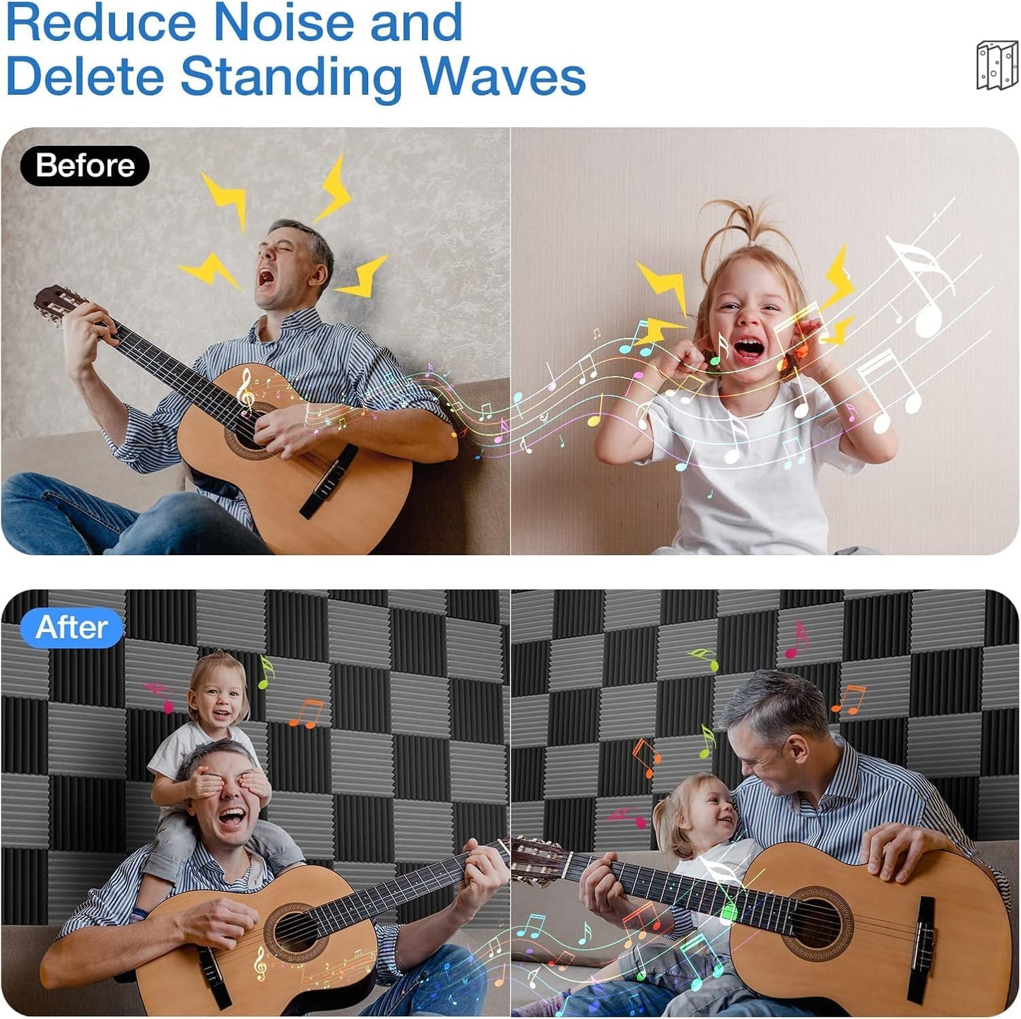 12 Pack Self-Adhesive Acoustic Panels - 1”X 12”X 12”Wall Panels - Quick-Recovery and High Density Sound Panels - Sound proof Acoustic Foam for Home Studio - Black and Gray