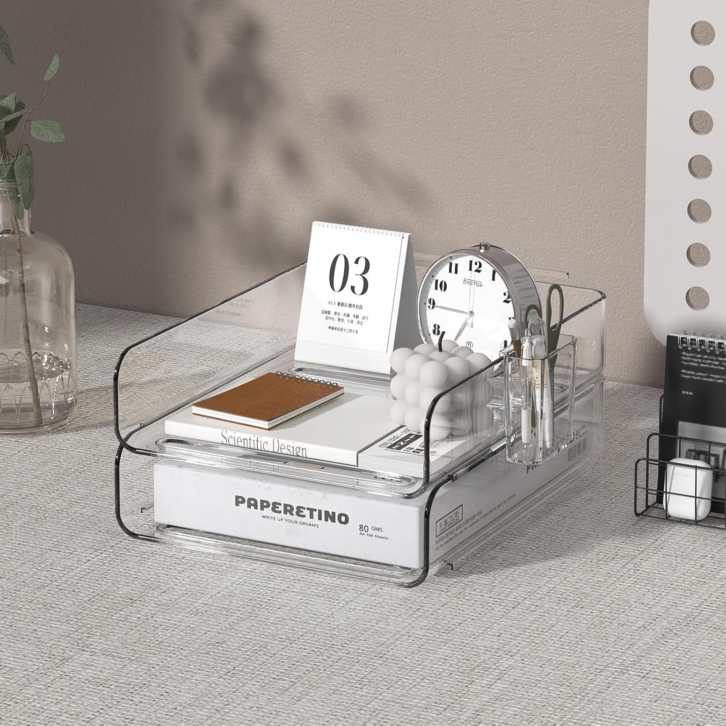 2-Tier Acrylic Paper Tray Organizer with Pen Holder | Clear Stackable Desk Organizer for Documents, Letters, A4 Paper | Modern Office/Classroom/Home Organization
