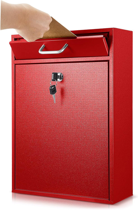 Locking Mailbox with Key for Outdoor 16.2 x 11.2 x 4.7 Inches Large Wall Mount Mail Box with Lock Security Mail Drop Metal Collection Boxes Hanging Secure Postbox(Red)
