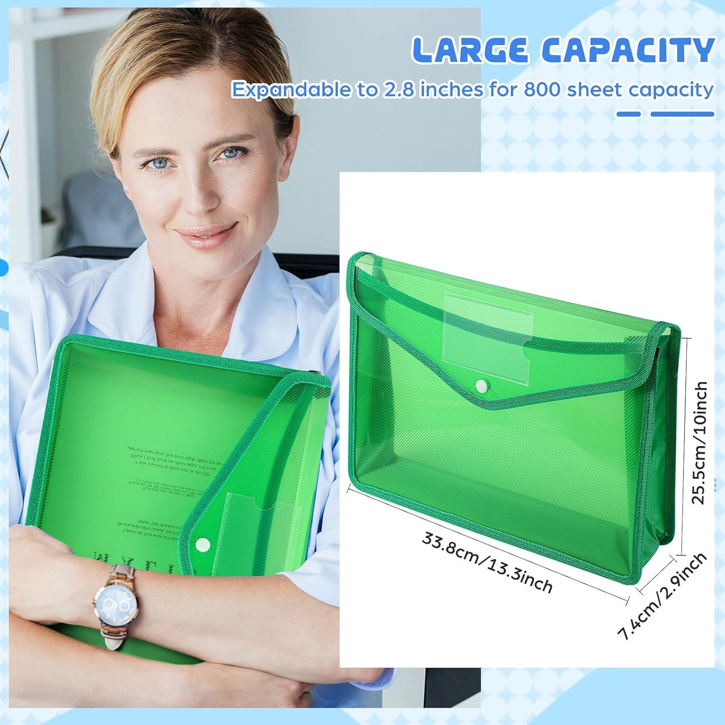 4 Pack A4 Expanding Plastic File Folders Waterproof Document Organizer with Snap Button Multiple Pockets, Office Home Office Storage (Green)