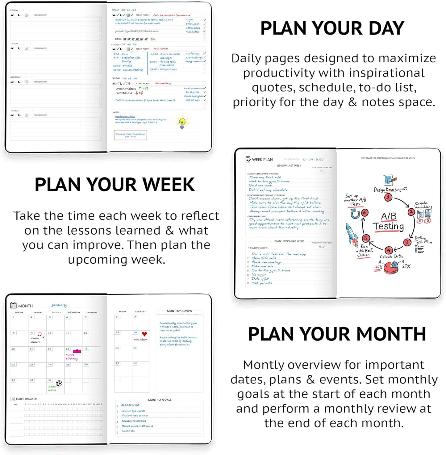Undated Daily Planner – 1-Year B5 Productivity Organizer with Two-Page Weekly Spread, Goal Setting, Habit Tracker, Weekly & Monthly Pages – Hardcover Time Management Notebook (Black)