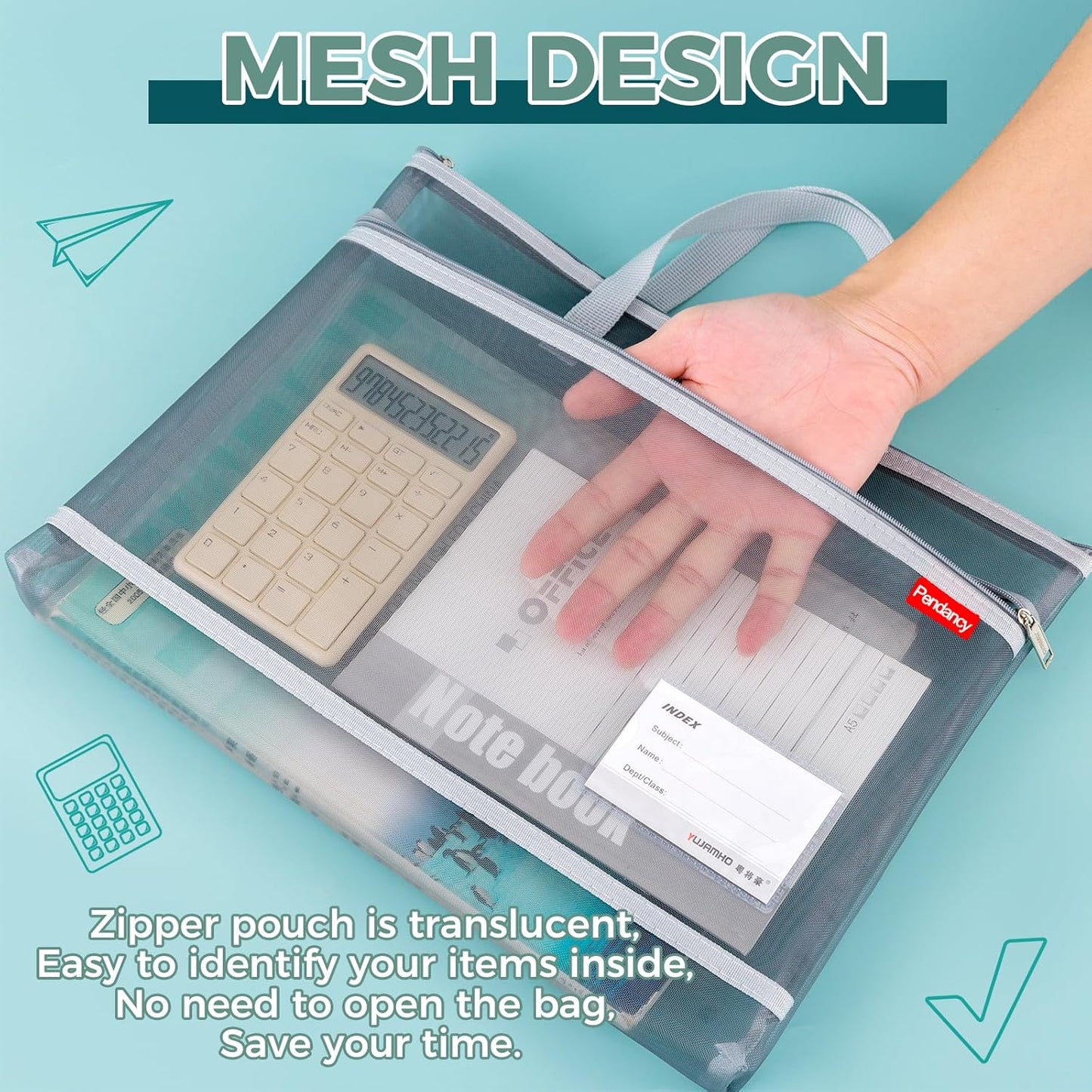 Pendancy Mesh Zipper Pouch A3 Size, Large Double Pocket Lightweight Nylon Transparent File Bag with Handle, 13x17 in Foldable Document Storage for Puzzle Project/Cross Stitch/Travel/Office (Gray)