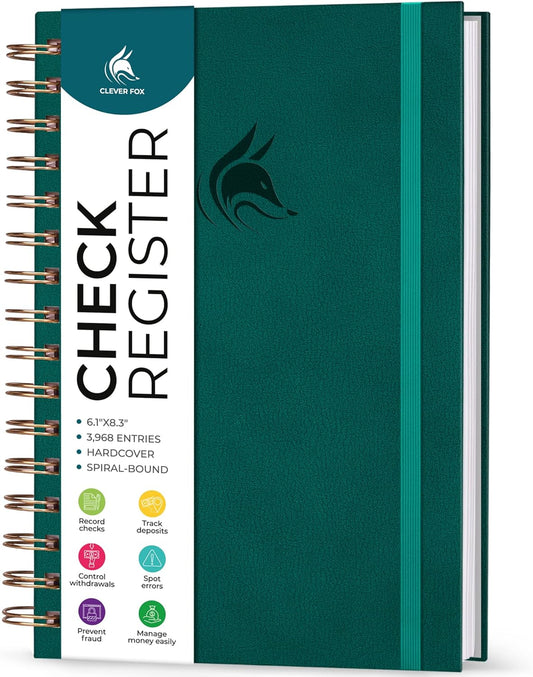 Clever Fox Check Register for Personal Checkbook – Checking Book Register – Checkbook Register – Accounting Ledger Book – 3968 Entry Lines, 6.1" x 8.3", Spiral Binding, Hardcover, Dark Teal