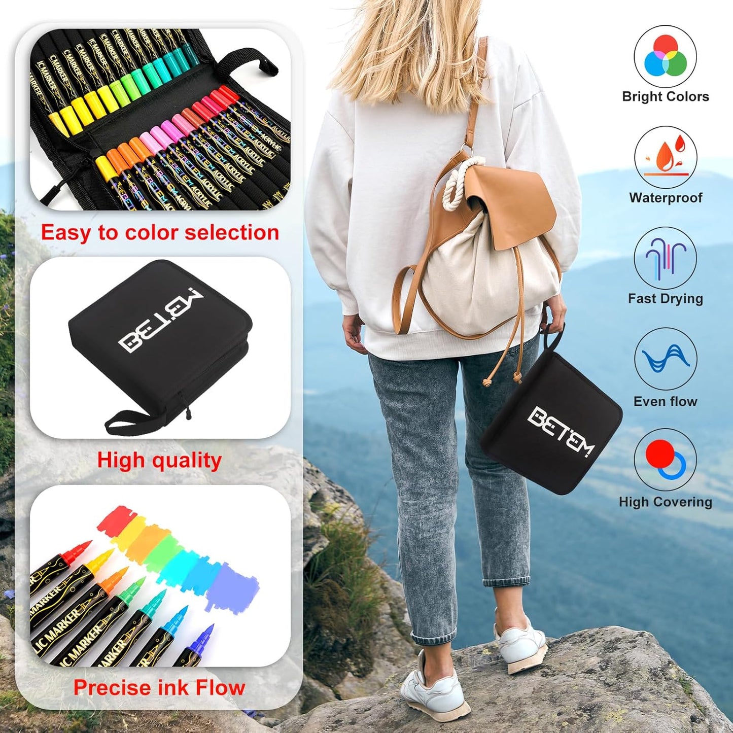 Betem Paint Markers Acrylic Paint Pens, Dual Tip 48 Colors Acrylic Markers with Brush Tip and Fine Point, Art Supplies for Wood, Canvas, Stone, Glass, Rock Painting Kit DIY Crafts Drawing Kit with Bag