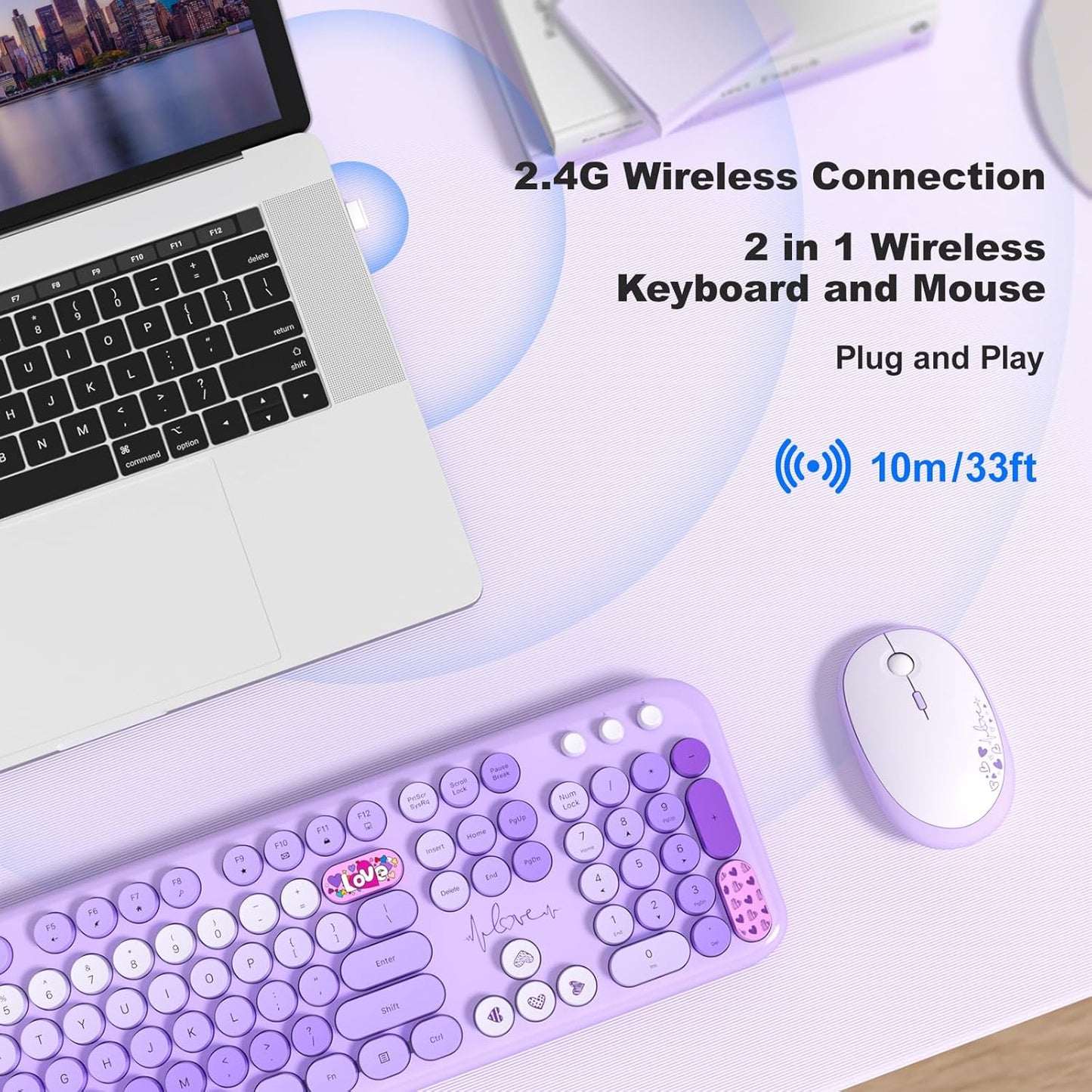 MOFII Wireless Keyboard and Mouse Combo, Cute Colorful Full Size Keyboard and Adjustable Mouse, 2.4GHz Retro Typewriter Keyboard and Mouse Set for PC/Desktop/Laptop/Windows (Purple Colorful)