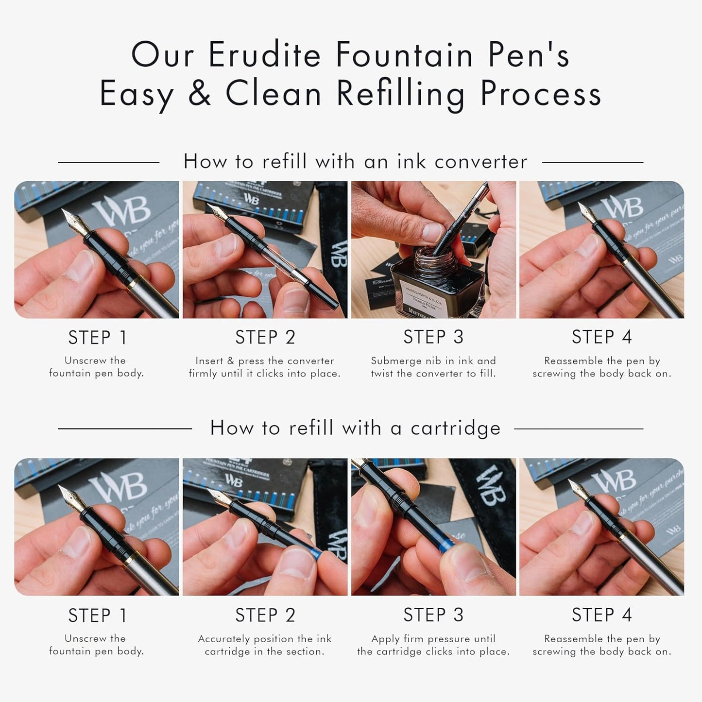 Wordsworth & Black Fountain Pen Set, 18K Gilded Extra Fine Nib, Includes 24 Pack Ink Cartridges, Ink Refill Converter & Gift Pouch, Gold Finish, Calligraphy, [Silver Gold], Perfect for Men & Women