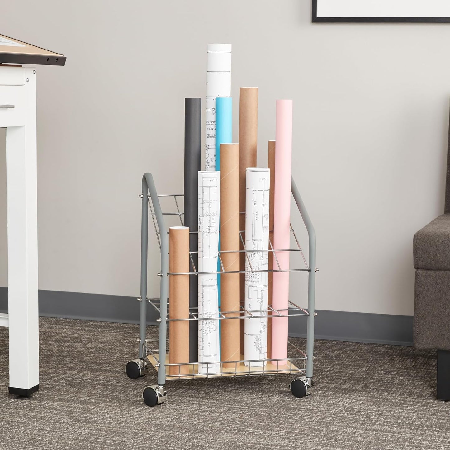 Safco Tubular Steel Wire Roll File Cart, Document and Blueprint Holder, 20 Compartment, Rolling Organizer Cart for Architectural Drawings, Construction Plans and Map Storage