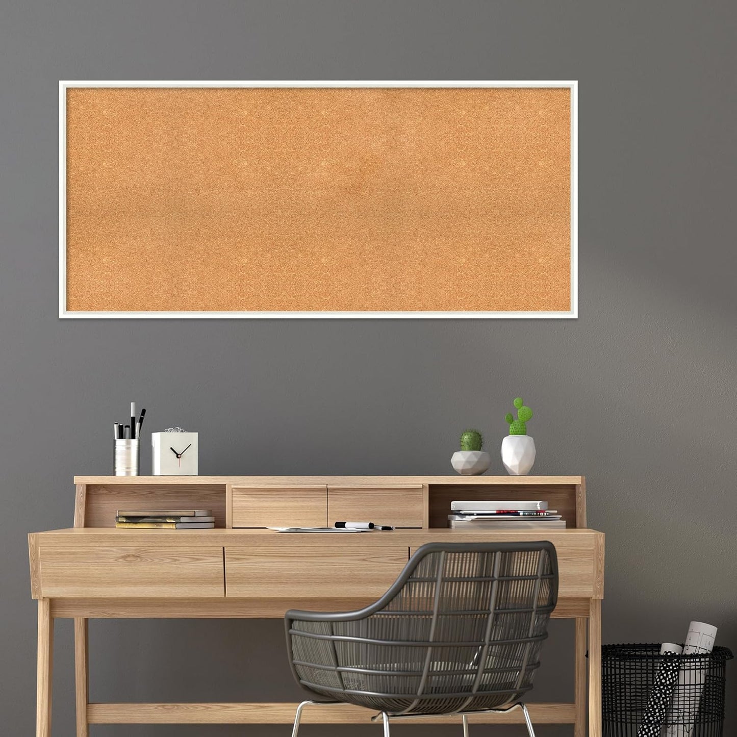 Amanti Art Natural Cork Board for Wall, 27x59 Vision Board with White Frame, Oversize Corkboard Office Decor for Home Organization, Modern Corkboard Pinboard to Display Items for Home Organization in