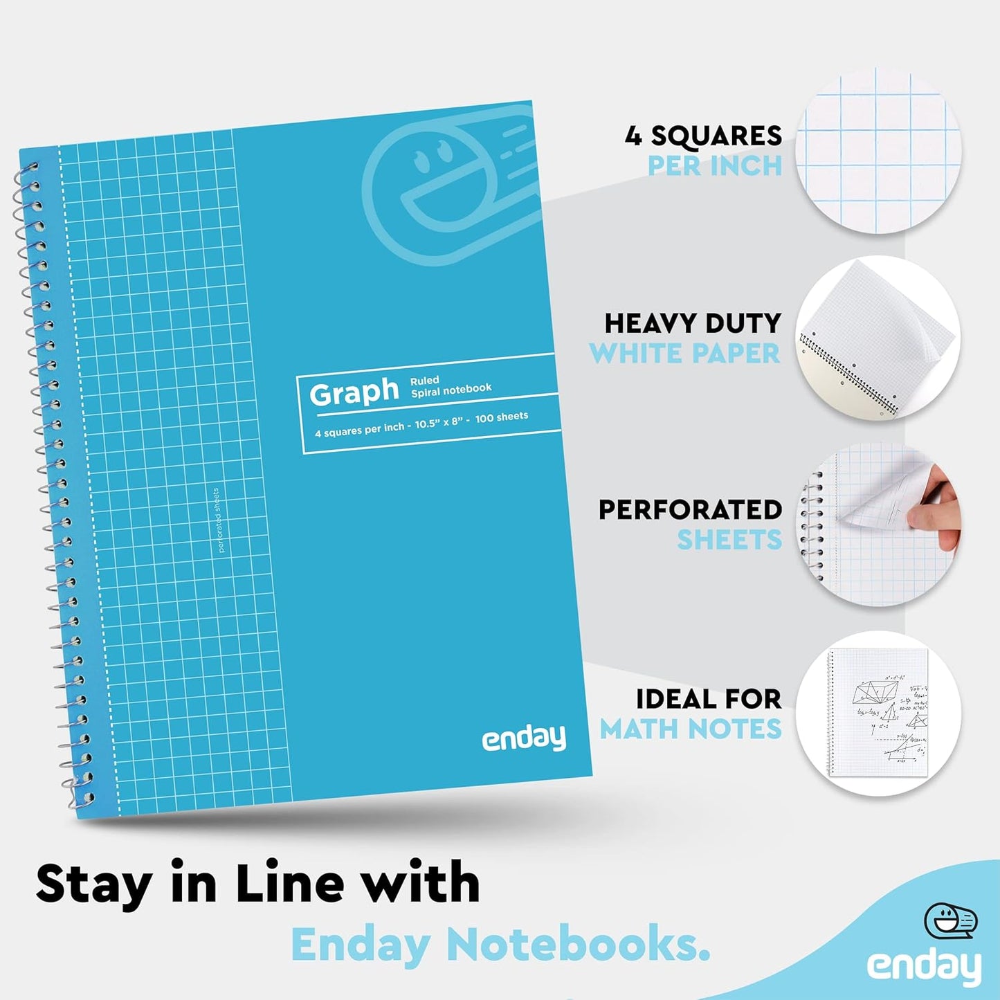 Graph Paper Notebook (8 Pack) Grid Notebook, Graph paper spiral notebook, Graph notebook, 4 Squares per inch Grid paper notebook, White Paper Quad Ruled Spiral Assorted Colors - by Enday