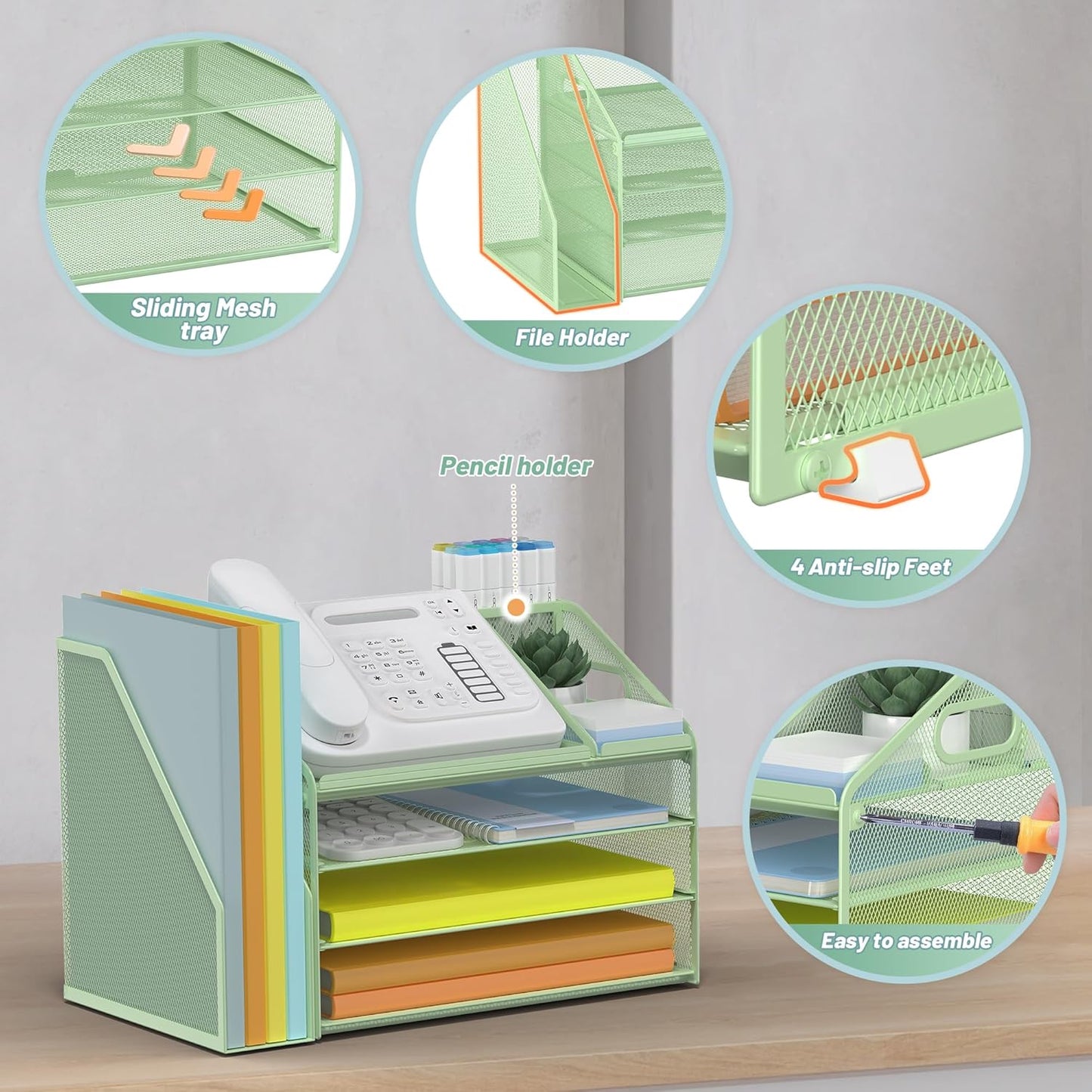 DocNest 4 Tier Paper Letter Tray File Organizer, Mesh Desk File with Handle, Workspace Desk Organizers with Pen Holder, Office Organization Storage Accessories - Green