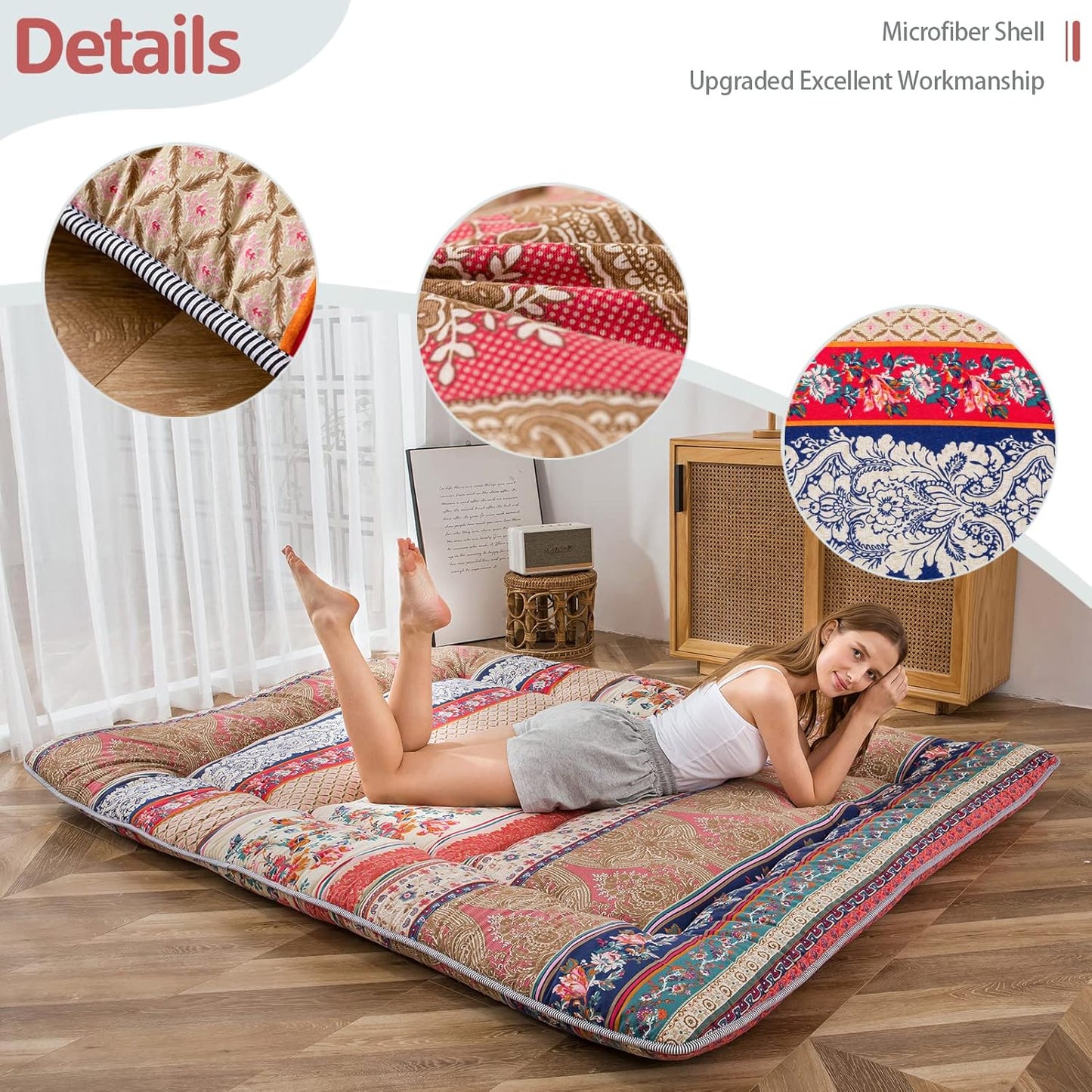 MAXYOYO Bohemian Retro Floor Mattress Vintage Floral Japanese Futon Mattress Roll Up Thicken Sleeping Bed Portable Camping Mattress Floor Lounger Couch Bed Mattress Pad, King Size