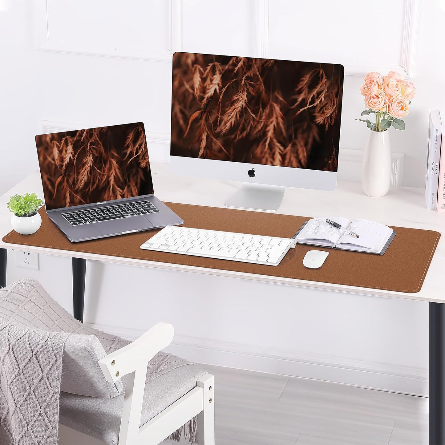 AFIING Leather Desk pad Protector, Large Non-Slip Office Desk Mat with Natural Cork & PU Leather, Waterproof Writing Mouse Pad for Office and Home (55in*17in,Brown)