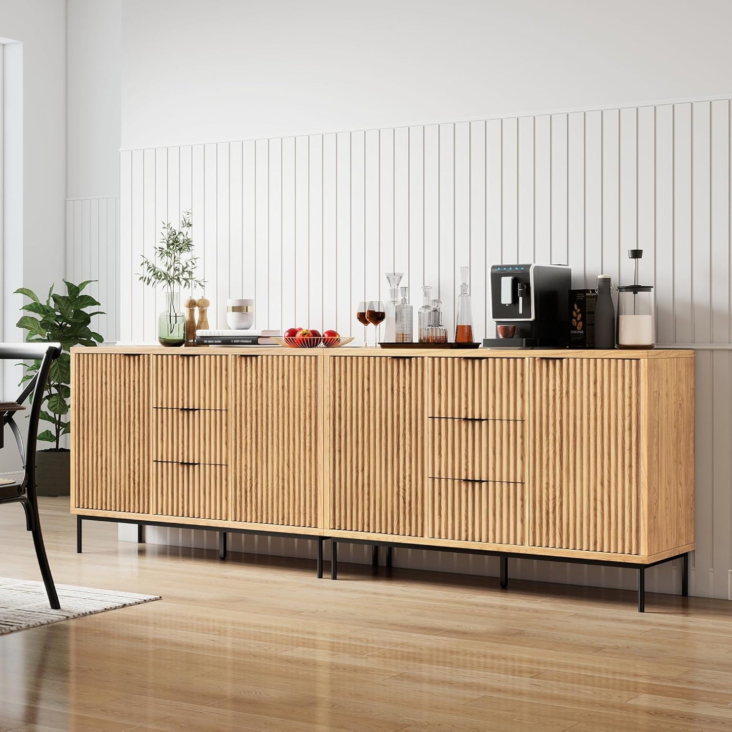 Real Relax Fluted Sideboard Cabinet, Sideboard Buffet Cabinet with Storage, Modern Credenza 2 Doors 3 Drawers, Coffee Bar Buffet Table for Dining Room, Kitchen, and Living Room, Oak