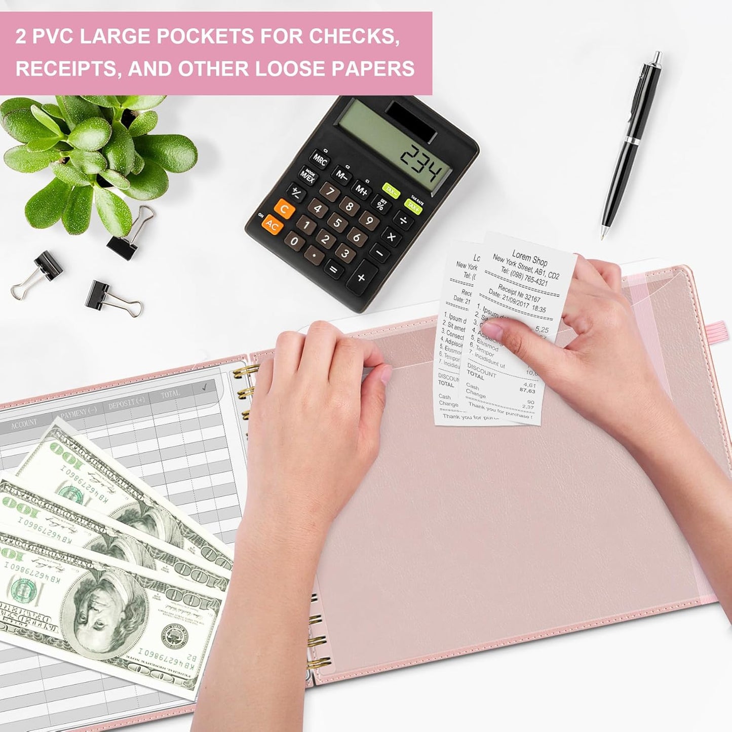 HAUTOCO Hardcover Accounting Ledger Book for Small Business Bookkeeping Horizontal Money Expense Tracker Notebook with 2 Storage Pouch, Personal Columnar Log Journal 10.78 x 8'', Rose Gold