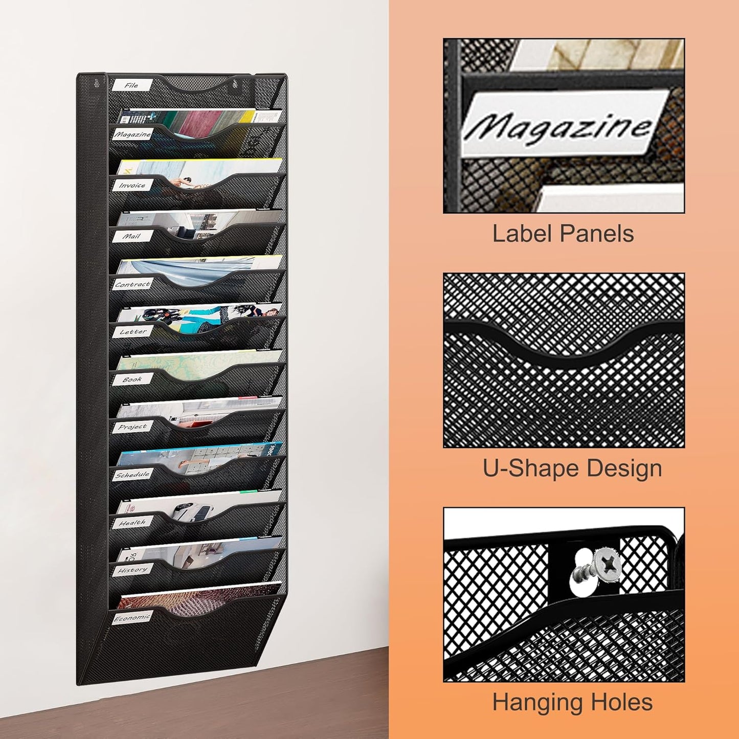 12 Tier Hanging Wall File Holder, Metal A4 Wall Mounted Document Holder, Vertical Hanging Mail Organizer, Magazine Storage Rack for Office Home Classroom, Black