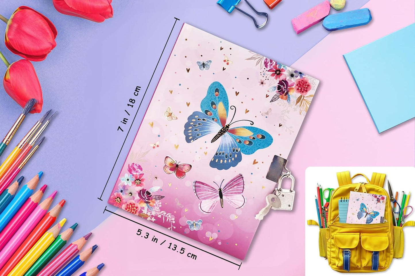Girls Diary with Lock for Kids, 7x5.25 Inches 160 Lined Pages Secret Pink Butterfly Notebook for Girls Journal with Lock for Kids Pre School Writing Drawing Cute Girls Gifts for Birthday