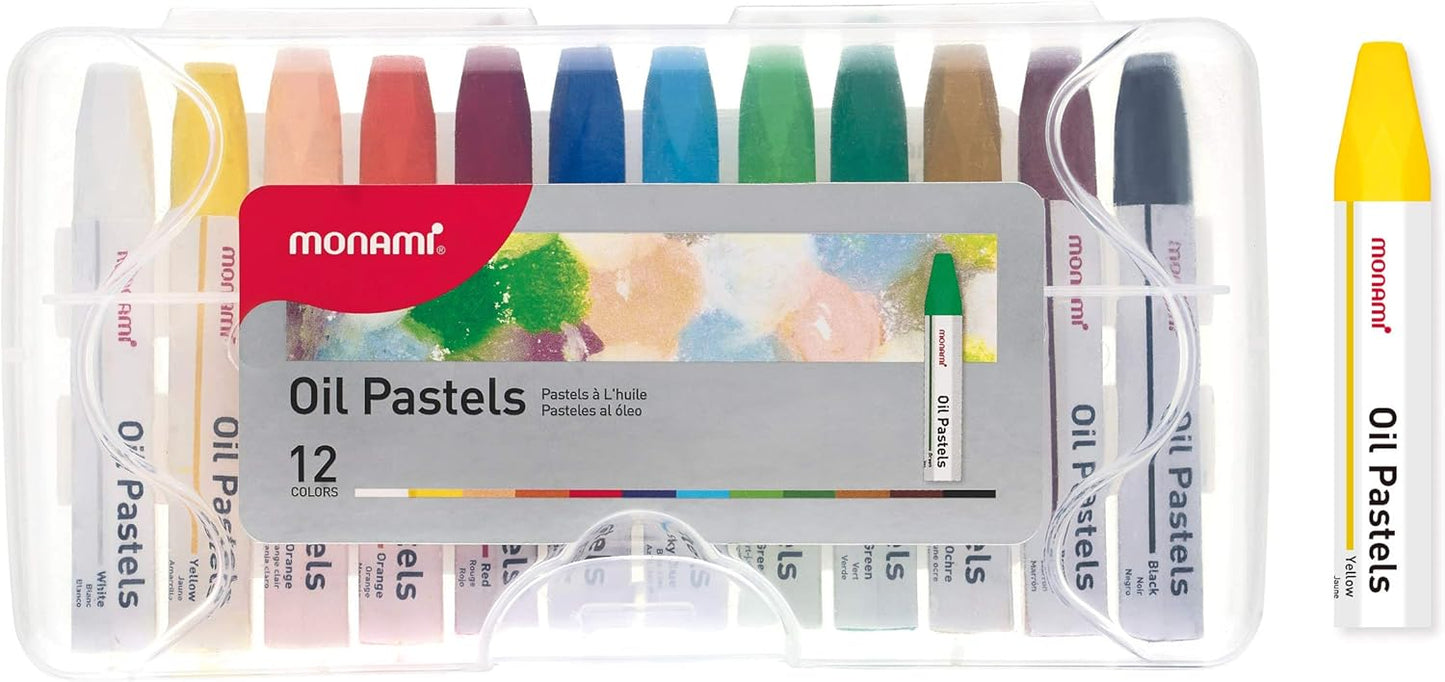 MONAMI Oil Pastels, Jumbo Size Hexagonal Shape Oil Pastels for Kids and Students with Handy Carrying Case, 12 Vivid Colors Pack