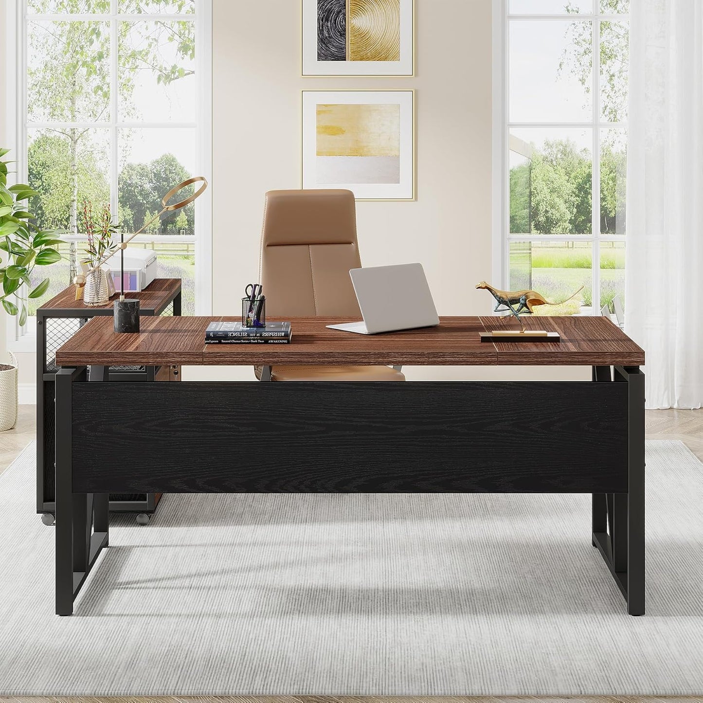 Tribesigns Office Desk with Drawers Sets, 63 inches L Shaped Computer Desk with Mobile File Cabinet,Big Executive Desk for Home Office Furniture Sets (Dark Brown, 63-inch)