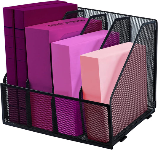 Desk Organizers, Metal Magazine File Holder with 4 Vertical Compartments Rack Binder File Organizer for Office Supplies, Home Workspace - Black