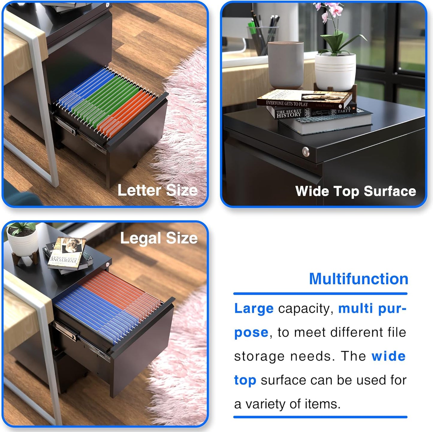 METAN 2 Drawer Vertical File Cabinet with Lock, Mobile Metal Filing Cabinet for Legal/Letter Size, Office Storage File Cabinet Under Desk, Fully Assembled Except Wheels, Black