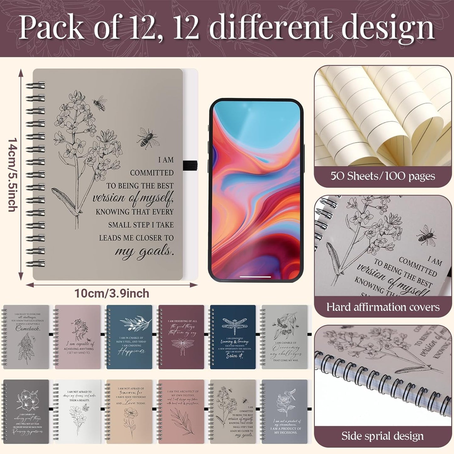 Kosiz 24 Pcs/12 Set Positive Affirmation Gifts Gratitude Spiral Notebooks with Pens Motivational Encouragement Notepads Daily Affirmations Journal for Women (Simple)