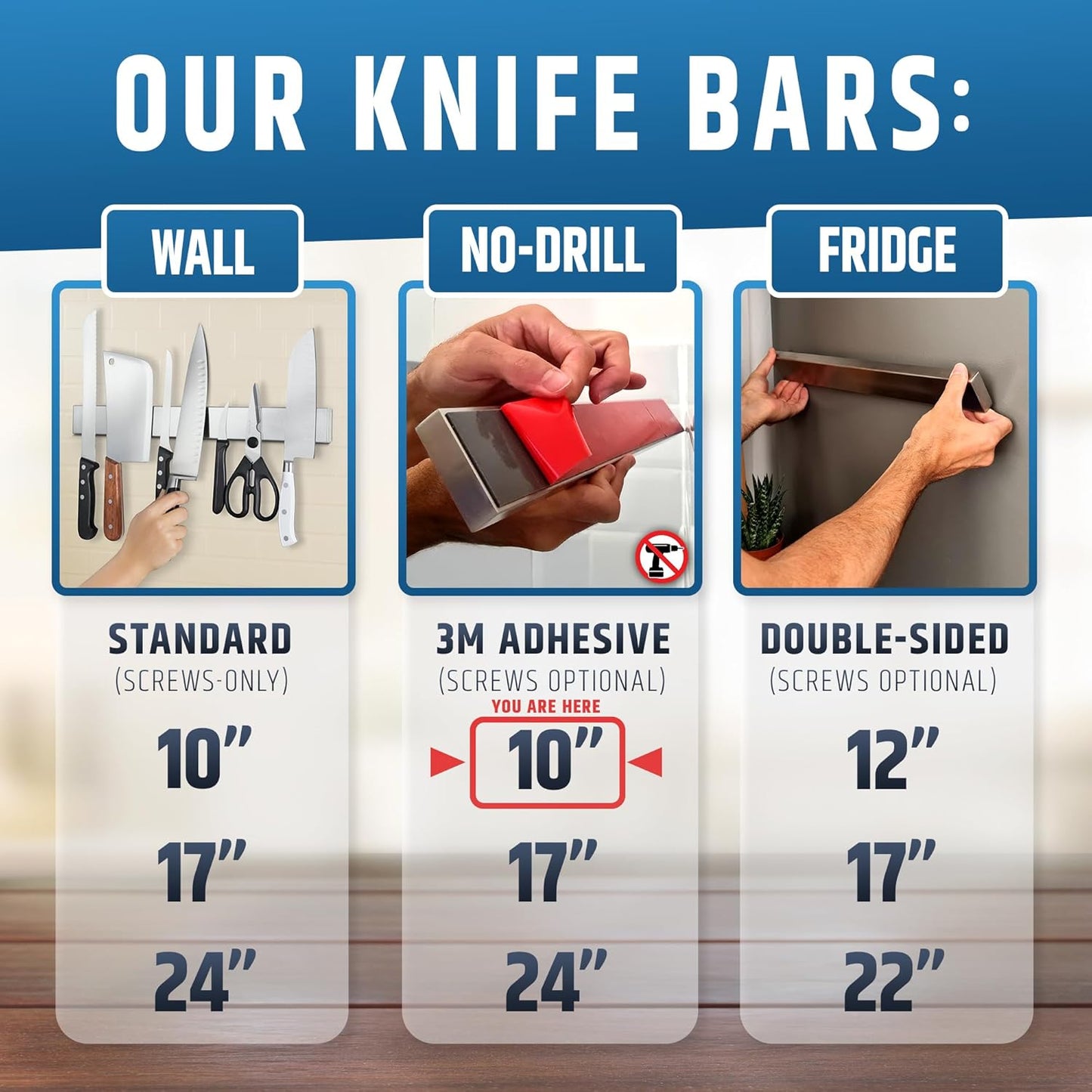 Strong Adhesive (No Drill) Magnetic Knife Holder for Wall - Professional 10 Inch Knife Strip - No Screws Needed - Adhesive Backing - Stainless Steel Bar (Upgraded Version – Will Not Fall)