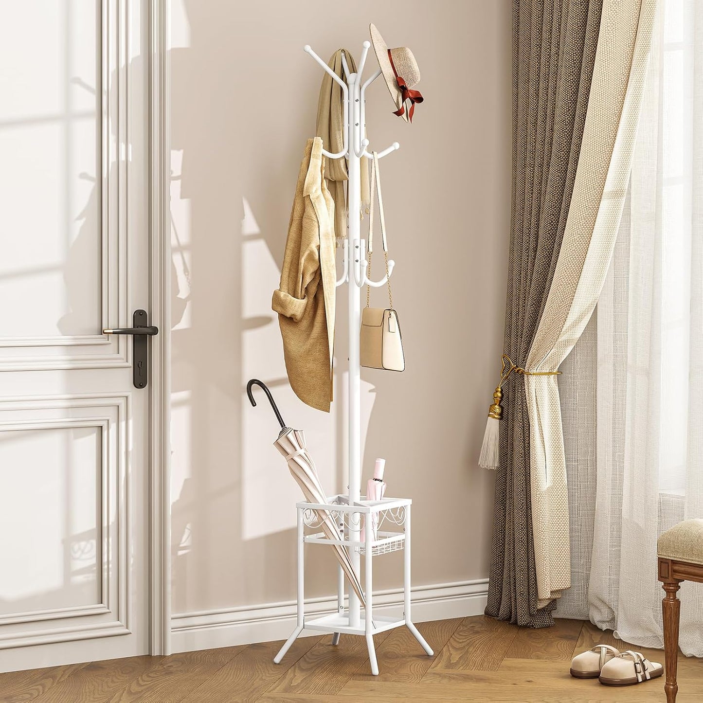 ELYKEN Coat Rack Freestanding with Umbrella Holder, Coat Tree with 12 Hooks, Coat Hanger Stand for Entryway, Metal Coat Rack Hat Rack Stand for Living Room Bedroom Office, White