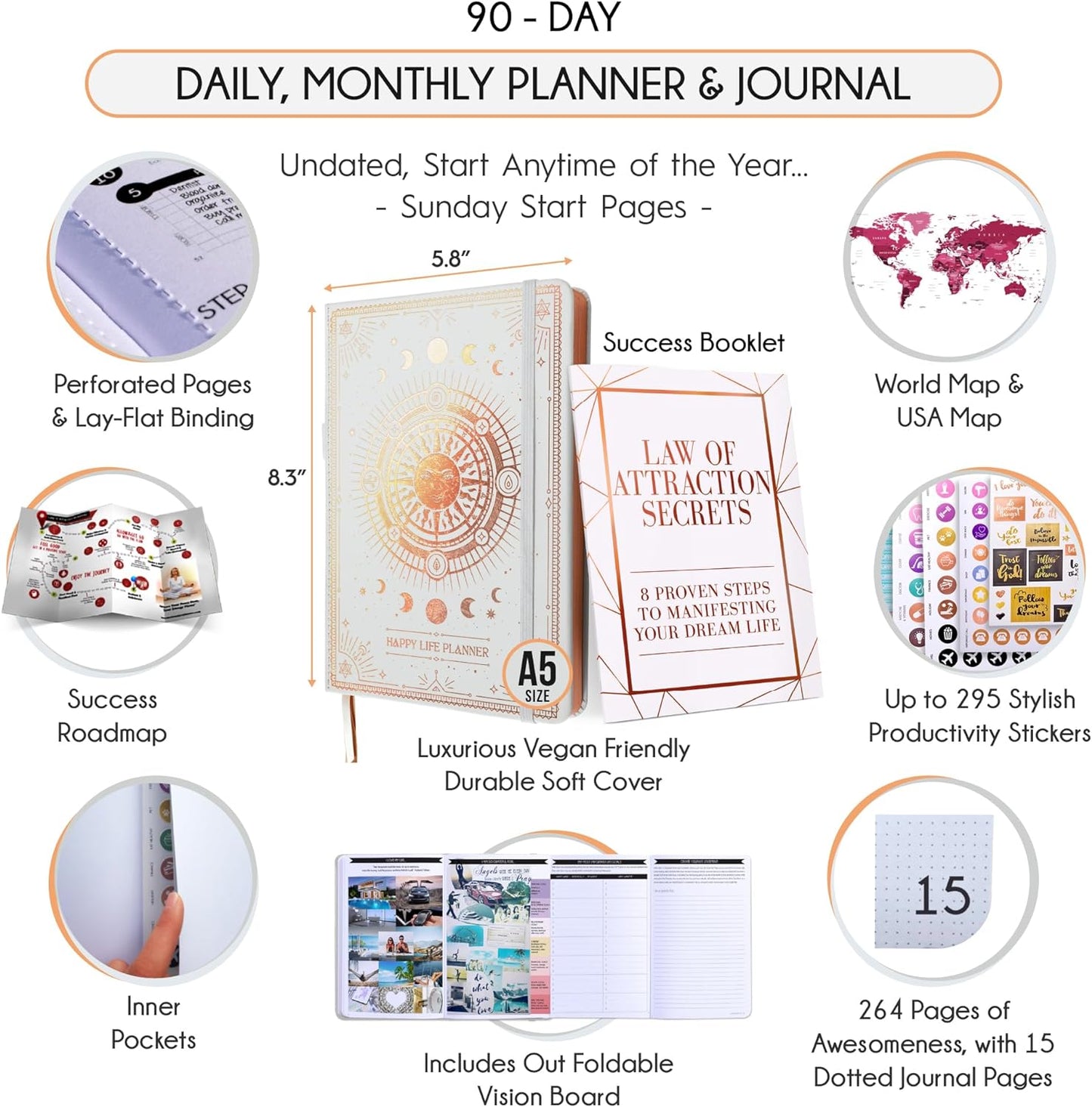 Adhd Daily Planner - A Self Care Personal Gratitude Journal to Increase Productivity and Success in Life & Work, Weekly & Monthly Undated Planner for Women and Men, Vision Board & Organizer + Stickers