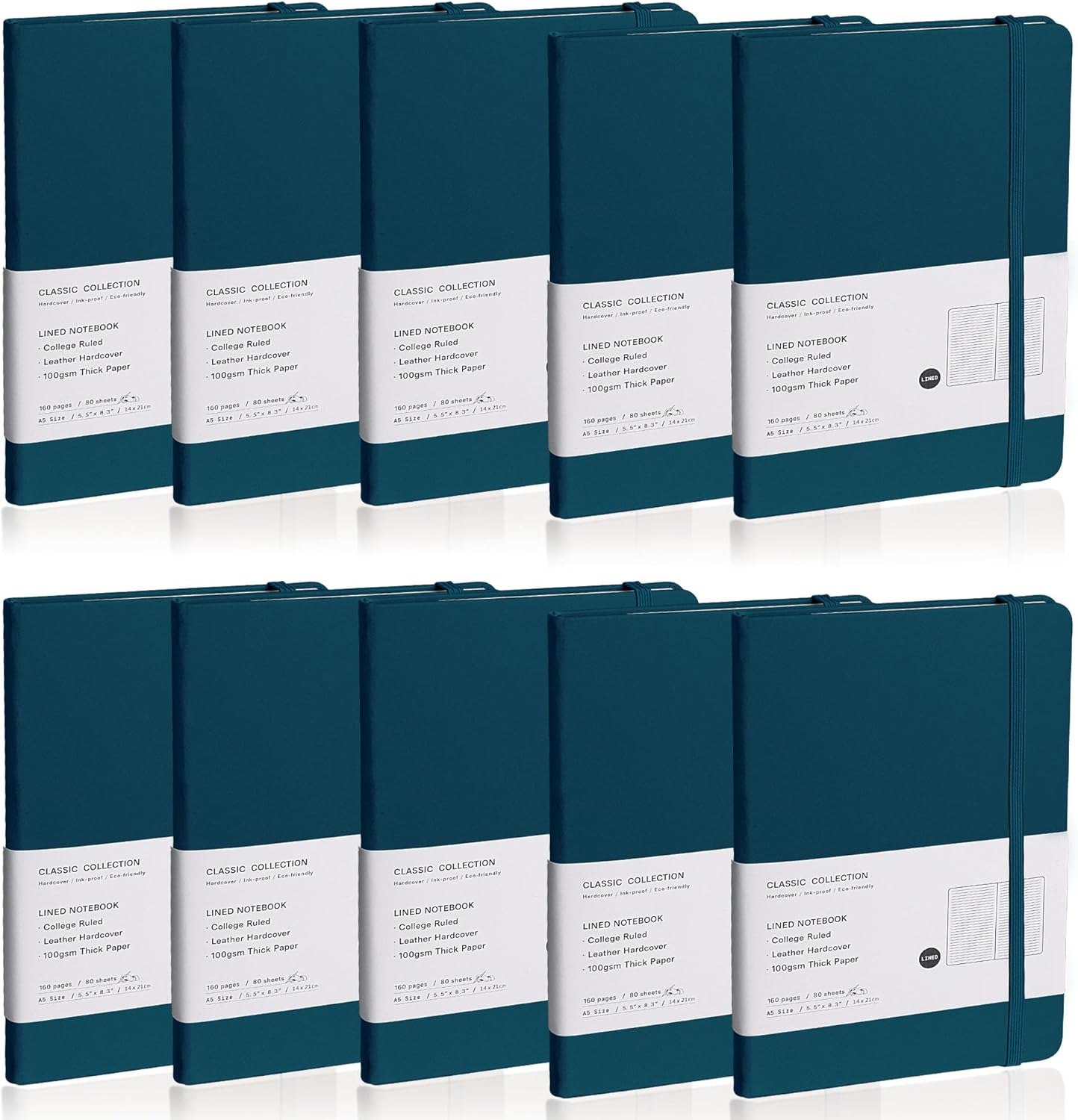 Lined Journal Notebook, 10Pack(Turquoise), 160 Pages, Medium 5.7 inches x 8 inches - 100 gsm Thick Paper, Hardcover