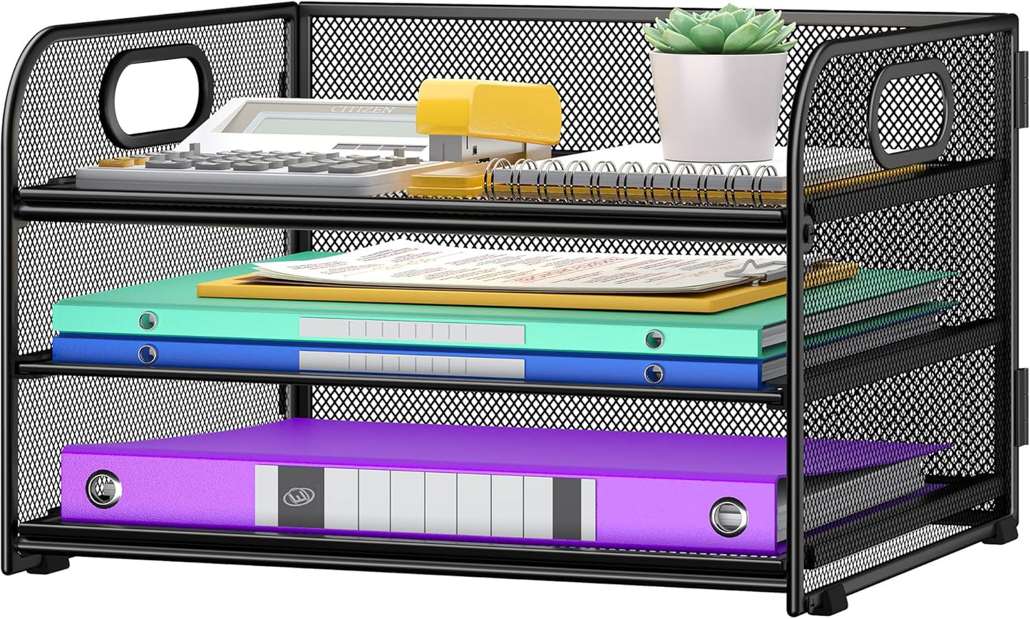3 Tier Paper Organizer with Handle, Metal Desk Organizer Mesh Paper Letter Tray Desktop File Folder Document Sorter for Classroom, School, Office Accessories Organization and Storage - Black