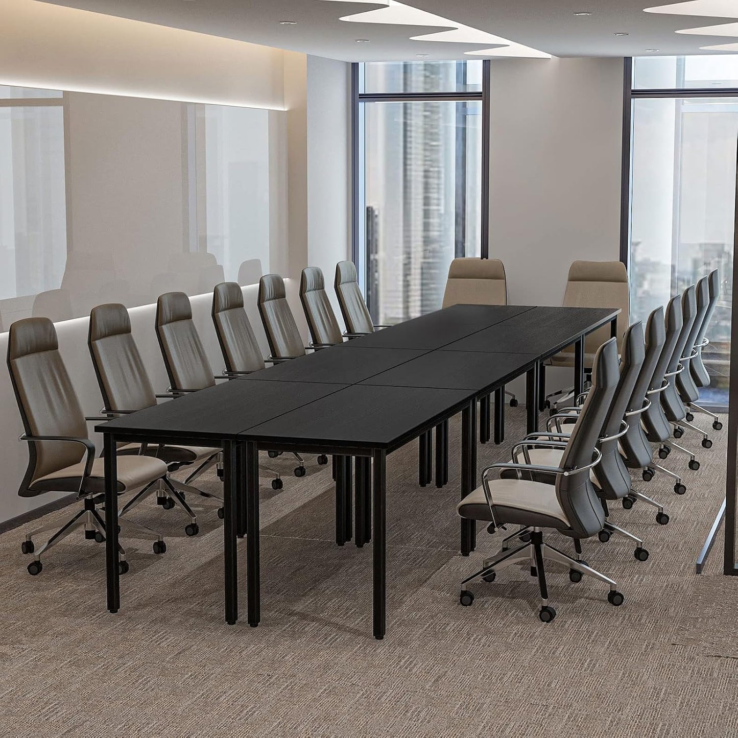 Bonzy Home Conference Tables 16ft Office Computer Desk for Meeting Room Study Writing Printer Table Meeting Seminar Table for 20 People Modern Black 8PCS (188.8"x47.2"x29.5", Black)