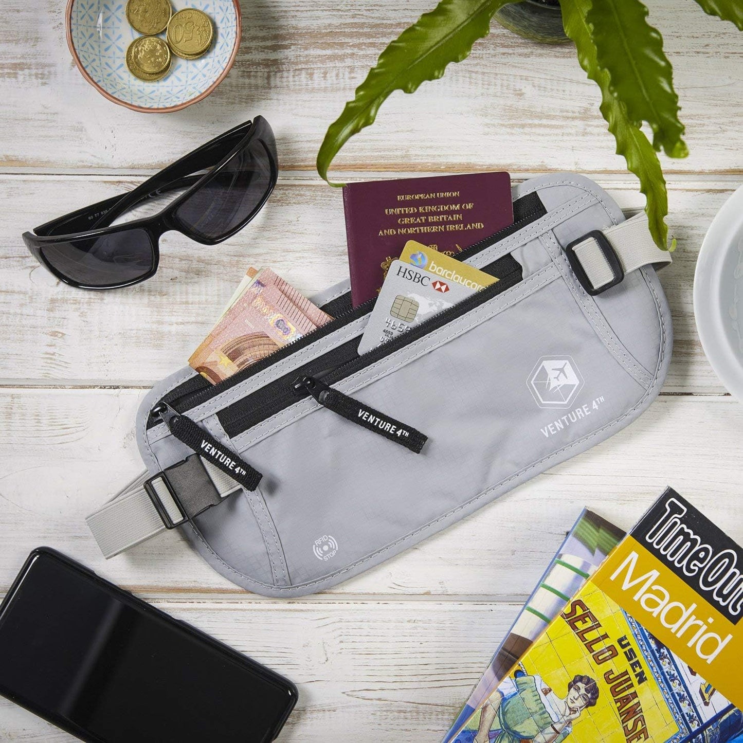 VENTURE 4TH Travel Money Belt - Slim Passport Holder RFID Blocking Travel Pouch to Protect Cash, Credit Cards and Travel Documents (Silver)