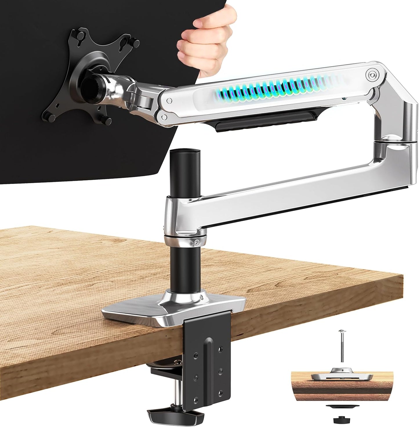 Single Monitor Arm Desk Mount, Holds Screens up to 40 Inches and 25 lbs, Fully Adjustable Vesa Monitor Mount with C-Clamp and Grommet Base, Aluminum, Silver