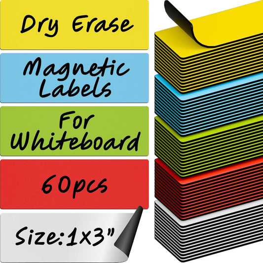 Dry Erase Magnetic Labels 60pcs, 1"×3"×0.7mm (Multicolor: White, red, Blue, Yellow, Green)
