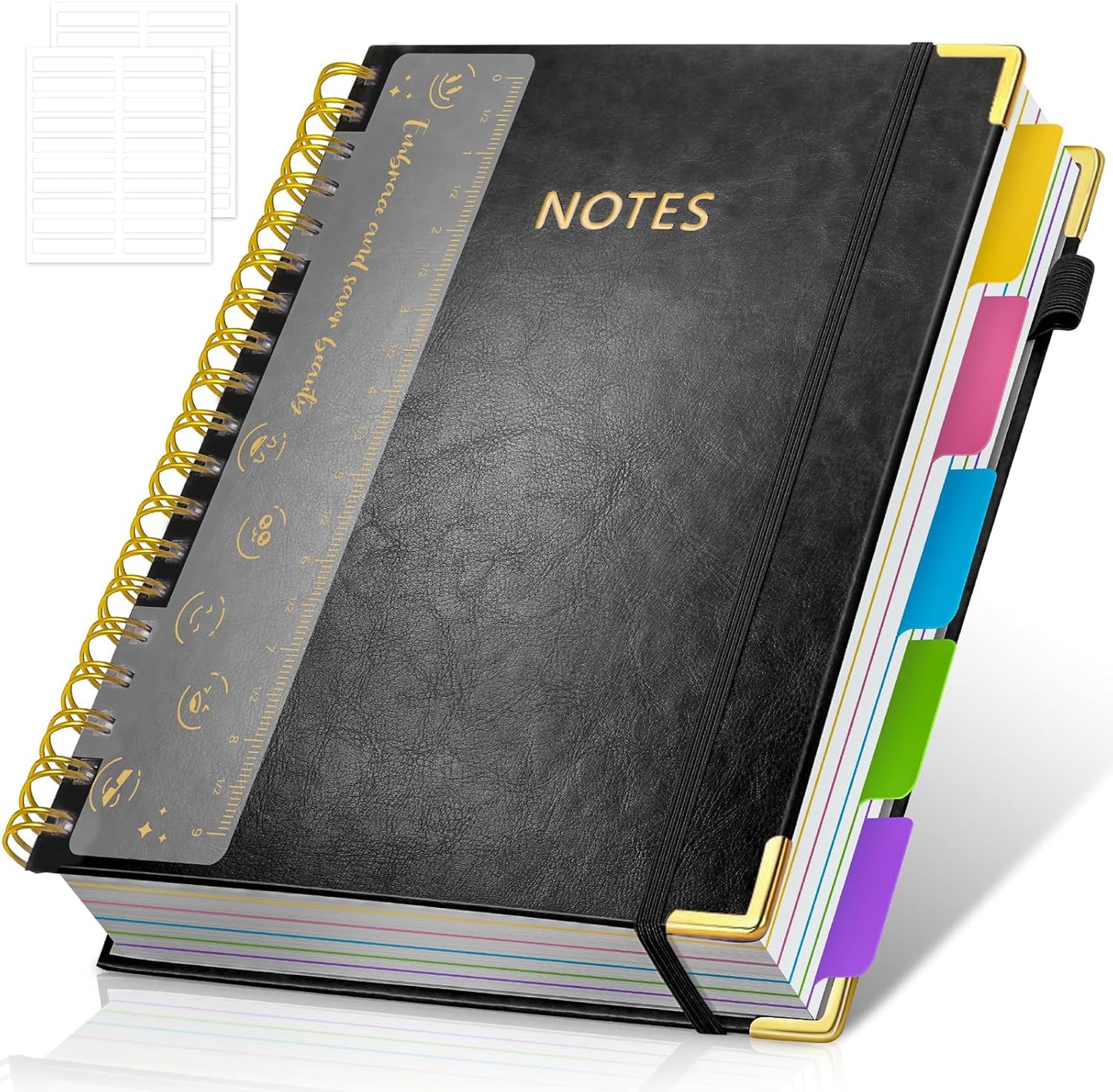 Hardcover Spiral Notebook Journal, 8"x10" Large B5 Notebooks with Removable Dividers Tabs, 300 Pages Leather 5 Subject Notebook College Ruled, Journal for Work School Note, 100 GSM Thick Paper,Black