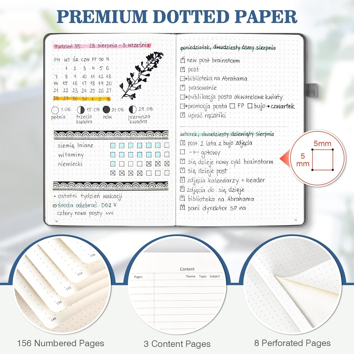 Bullet Dotted Journal Notebook 3 Pack, A5 Dotted Journal with 120gsm Paper, Leather Dotted Notebook, Hardcover Dot Grid Notebook Each with 156 Nmubered Pages, Dot Journal for Women, 5.75" × 8.38"