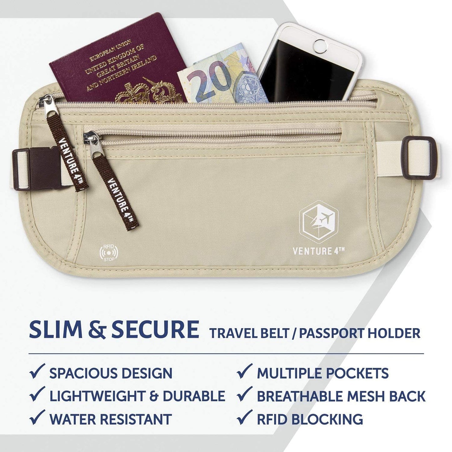 VENTURE 4TH Travel Money Belt - Slim Passport Holder RFID Blocking Travel Pouch to Protect Cash, Credit Cards and Travel Documents (Beige)