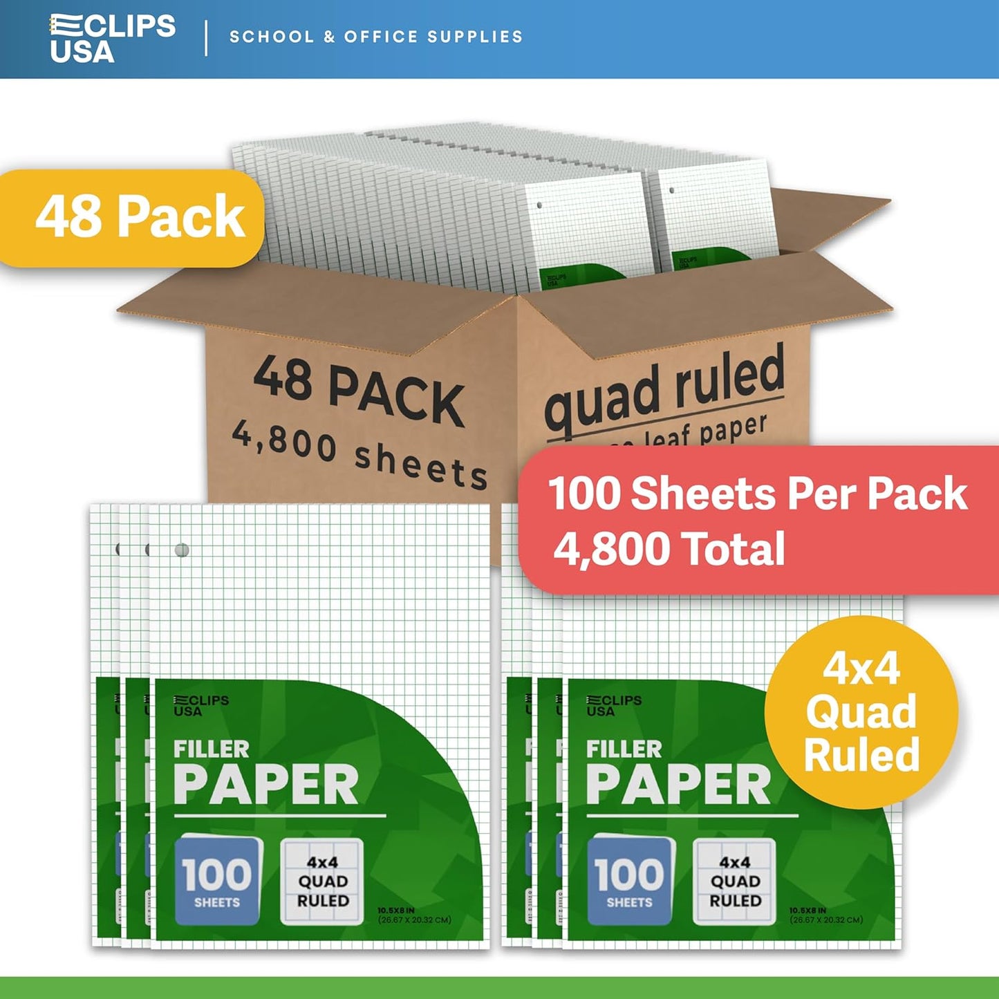 Loose Leaf Graph Paper (48 Pack Bulk), 4 x 4 An Inch Quad Ruled Graph Paper, 10.5” x 8” Graphing Paper, 100 Per Sheets Per Pack, 60 gsm (48 Pack)