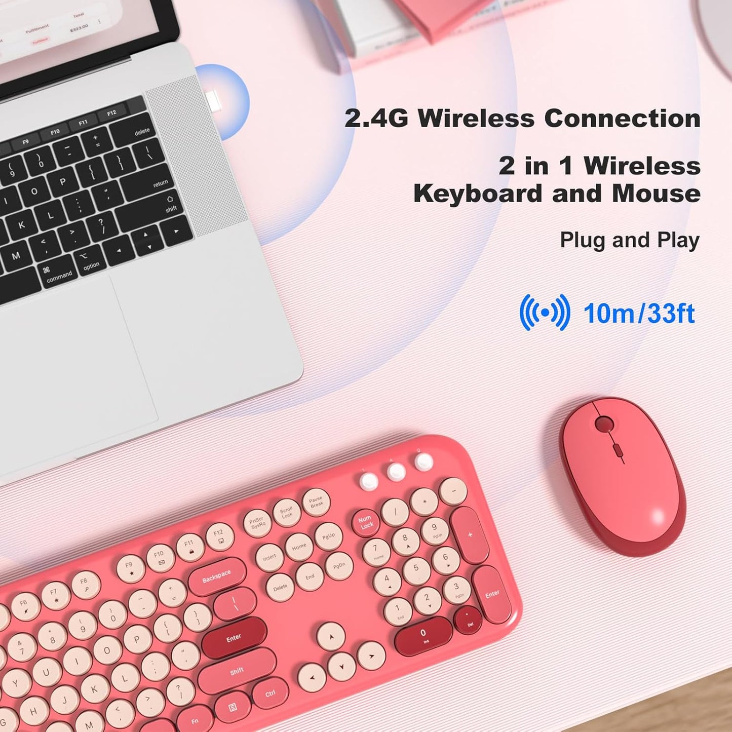 Wireless Keyboard and Mouse Combo, 2.4Ghz USB Retro Full Size Typewriter Keyboard and Cute Mouse Set for Windows 7/8/10, Laptop, Desktop, PC, Computer