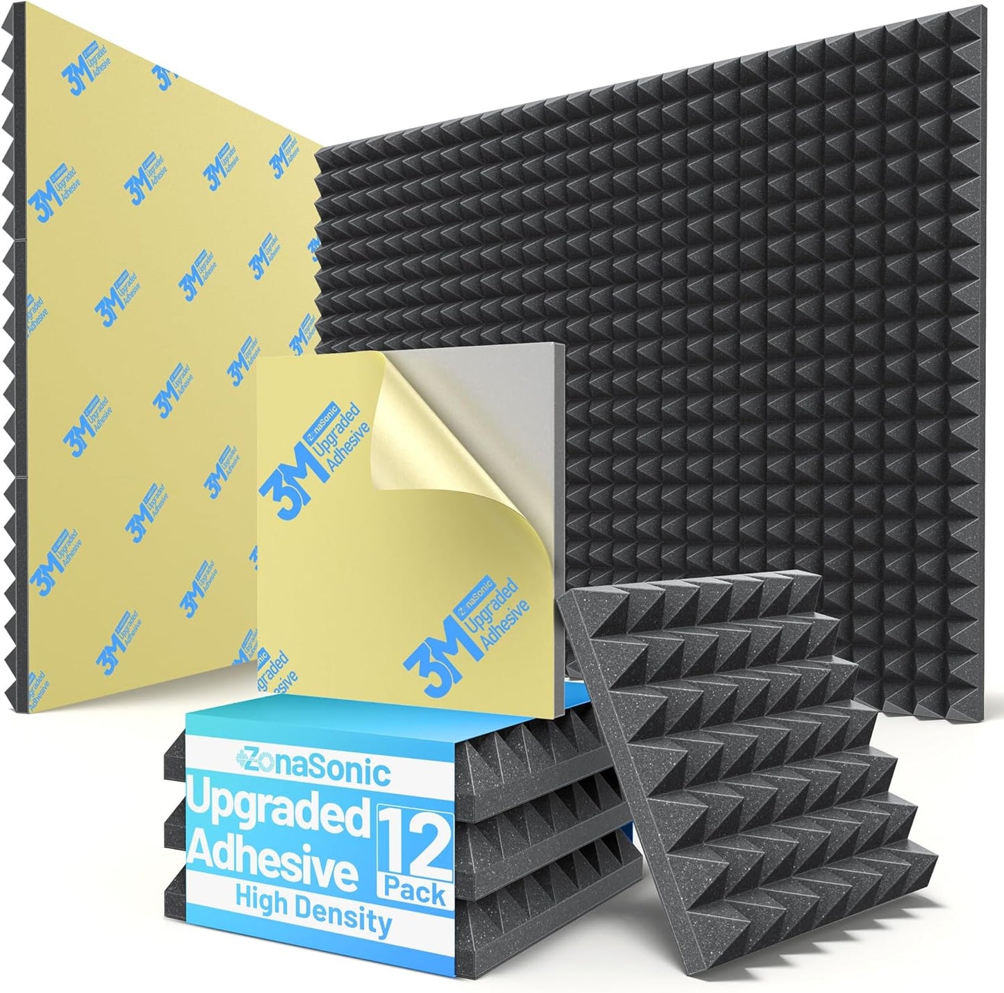 12 Pack Pyramid Sound Proof Foam Panels for Walls with Updated Self-Adhesive 2"X12"X12" High Density Acoustic Panels Sound Absorbing Fast-Expanding Soundproof Wall Panels for Gaming Studio Decor-Black
