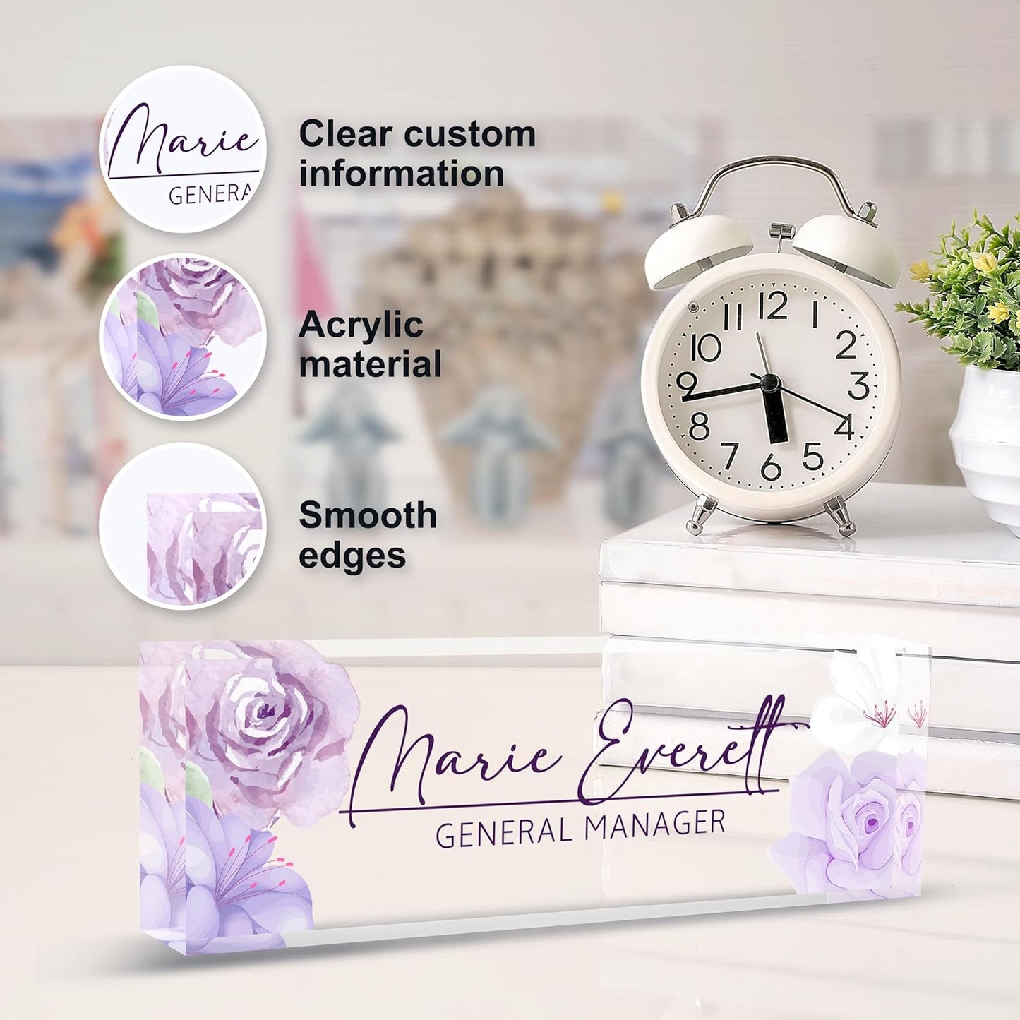 Personalized Name Plate for Desk, Custom Desk Name Plate, Acrylic Name Plate Office Desk Accessories, Personalized Office Gifts for Coworkers Teachers, Employee Appreciation Gifts (A-PurpleFlower)