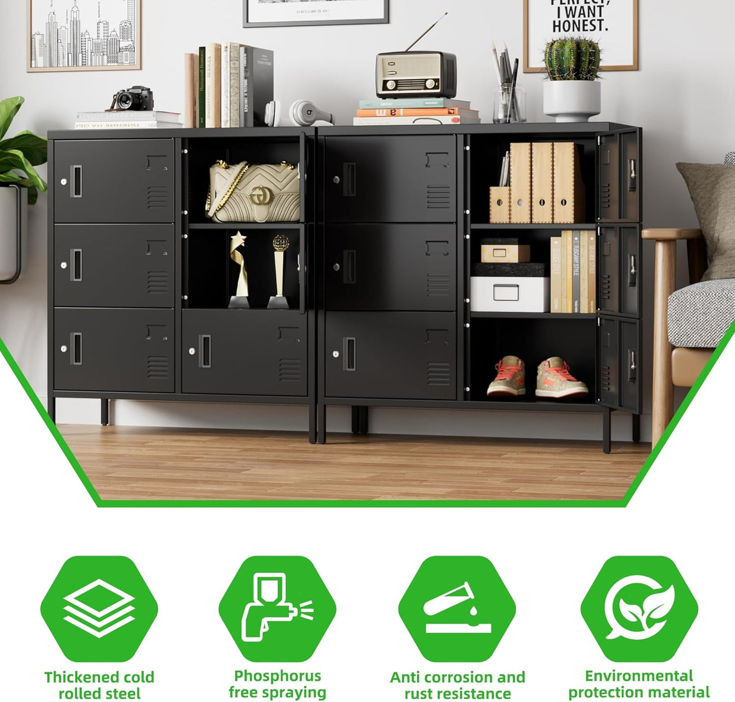 S‌UPEER 6 Doors Metal Storage Locker with Card Slot,Metal Locker for Employees with Keys and Ventilation Holes,Suitable for Office, Home, Bank, School,Gym,Requires Installation,Black