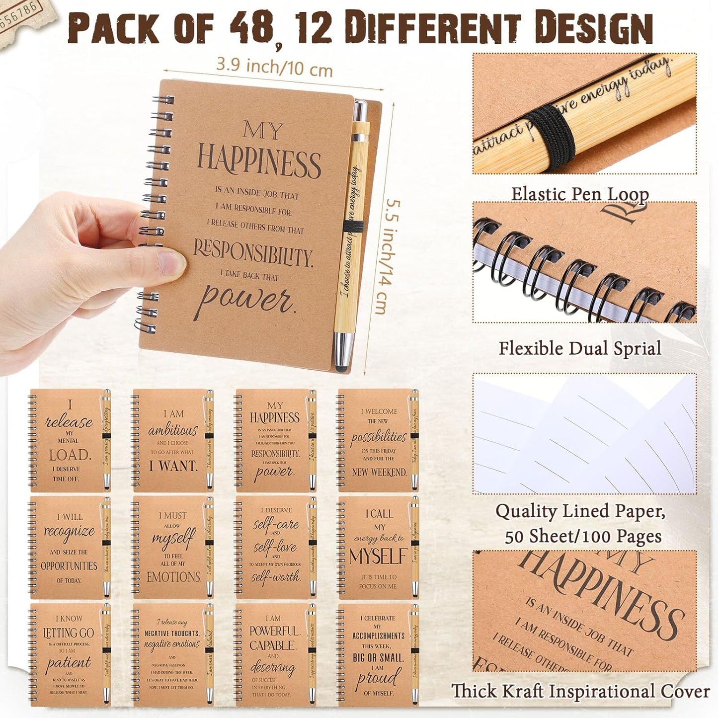 Pasimy 96 Pcs/48 Set Bulk Positive Affirmation Spiral Notebooks with Bamboo Pen Daily Affirmation Gift Set Motivational Encouragement Notepad Small Journals 5.5 x 3.9 inch for Women Self Care