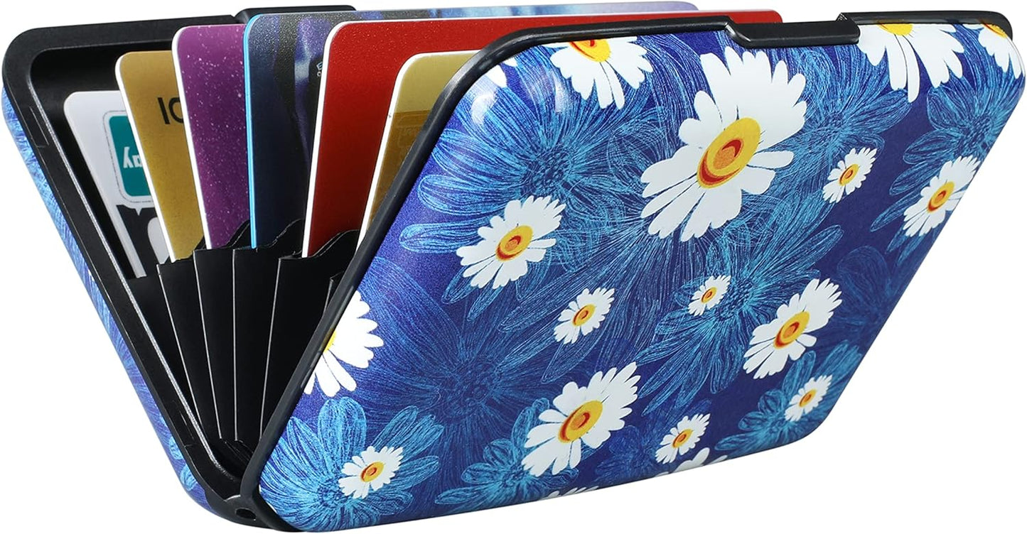 ELFISH Mini RFID Aluminum Wallet Credit Cards Holder Business Card Case Metal ID Case for Men Women(White Flower)