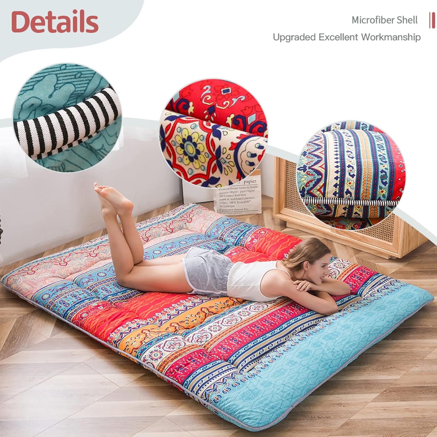 MAXYOYO Bohemian Retro Floor Mattress Vintage Floral Japanese Futon Mattress Roll Up Tatami Floor Mat Foldable Bed Portable Camping Mattress Sleeping Pad Floor Lounger Couch Bed Queen Size