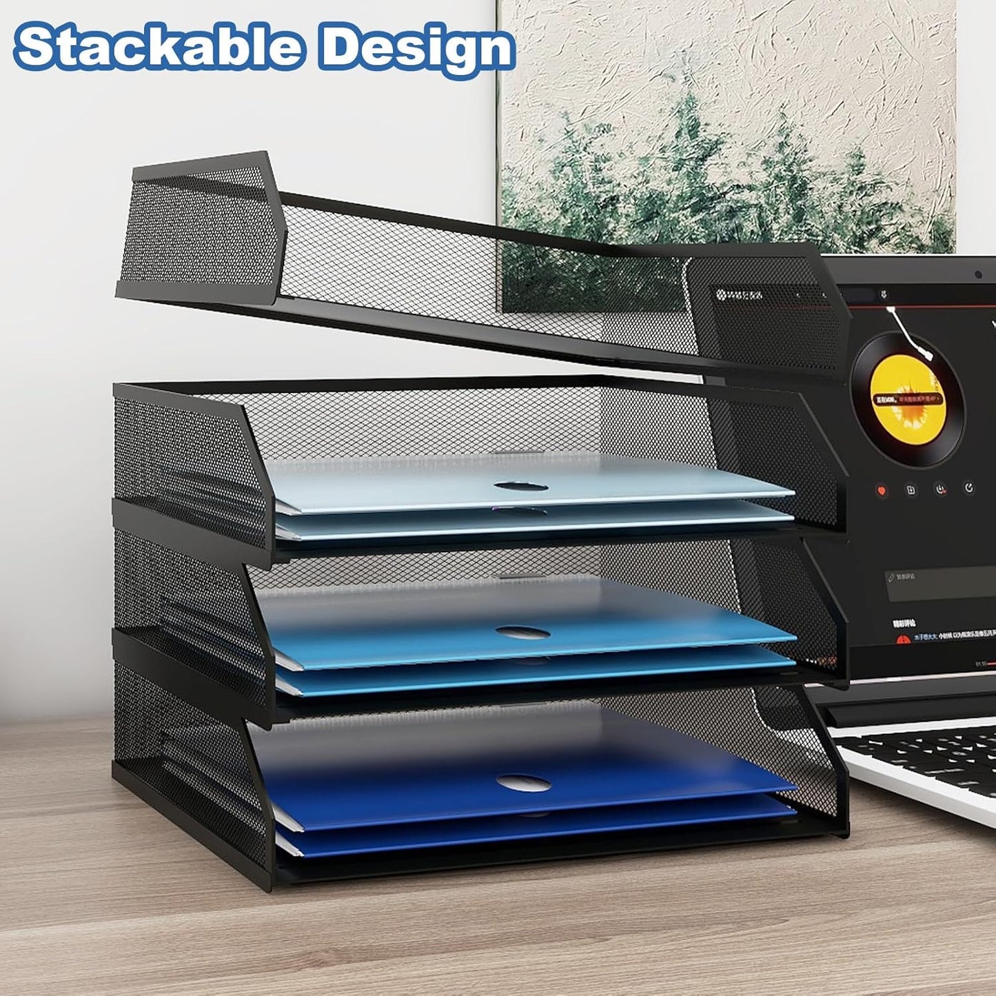 Natwind 4-Tier Stackable Paper Tray, Metal Mesh Desktop Organizer, A4 Desk Organizer, Stackable Letter Trays,File Folder Sorter Organizer with Sliding Tray for Home, Office, School (Black)