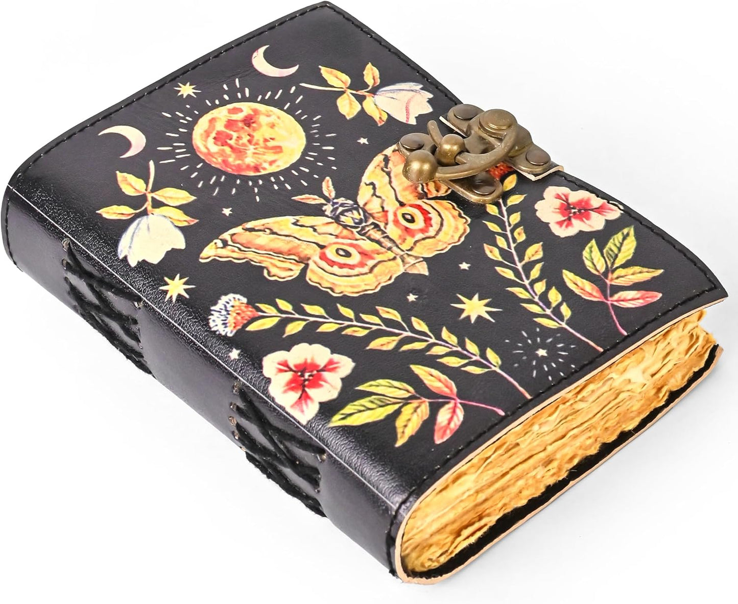 Blank Spell Book of Shadows, Luna Moth & Butterfly Leather Journal with Vintage Clasp Lock – 200 Page Antique Deckle Edge Leather Bound Notebook – Notebook Journal Gift for Men & Women