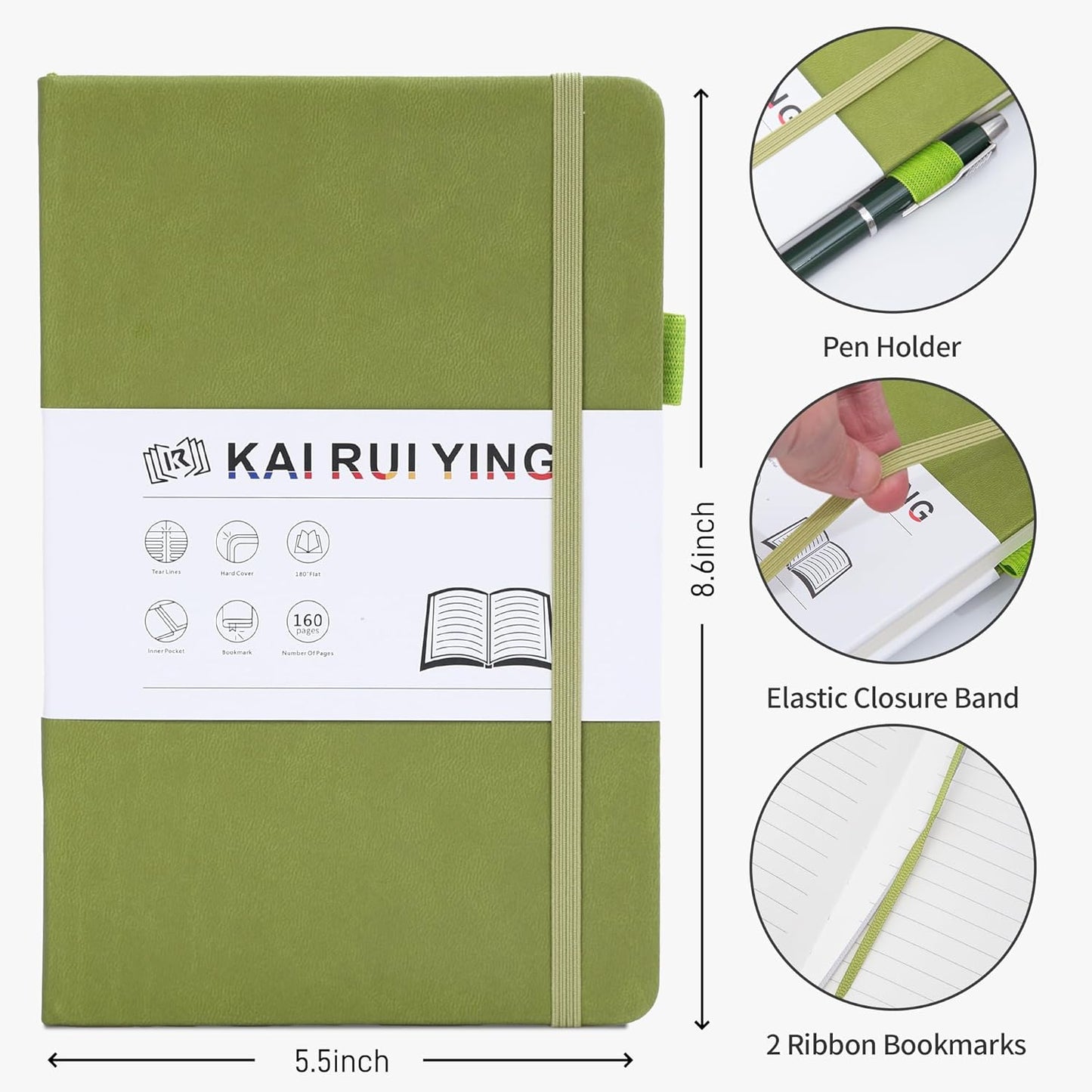 KaiRuiYing Lined Journal Notebook with Pen Holder, 160 Pages, 5.5'' × 8.6'' Medium Size A5-100 GSM Thick Paper, for Writing, Work, Office, Leather Hardcover