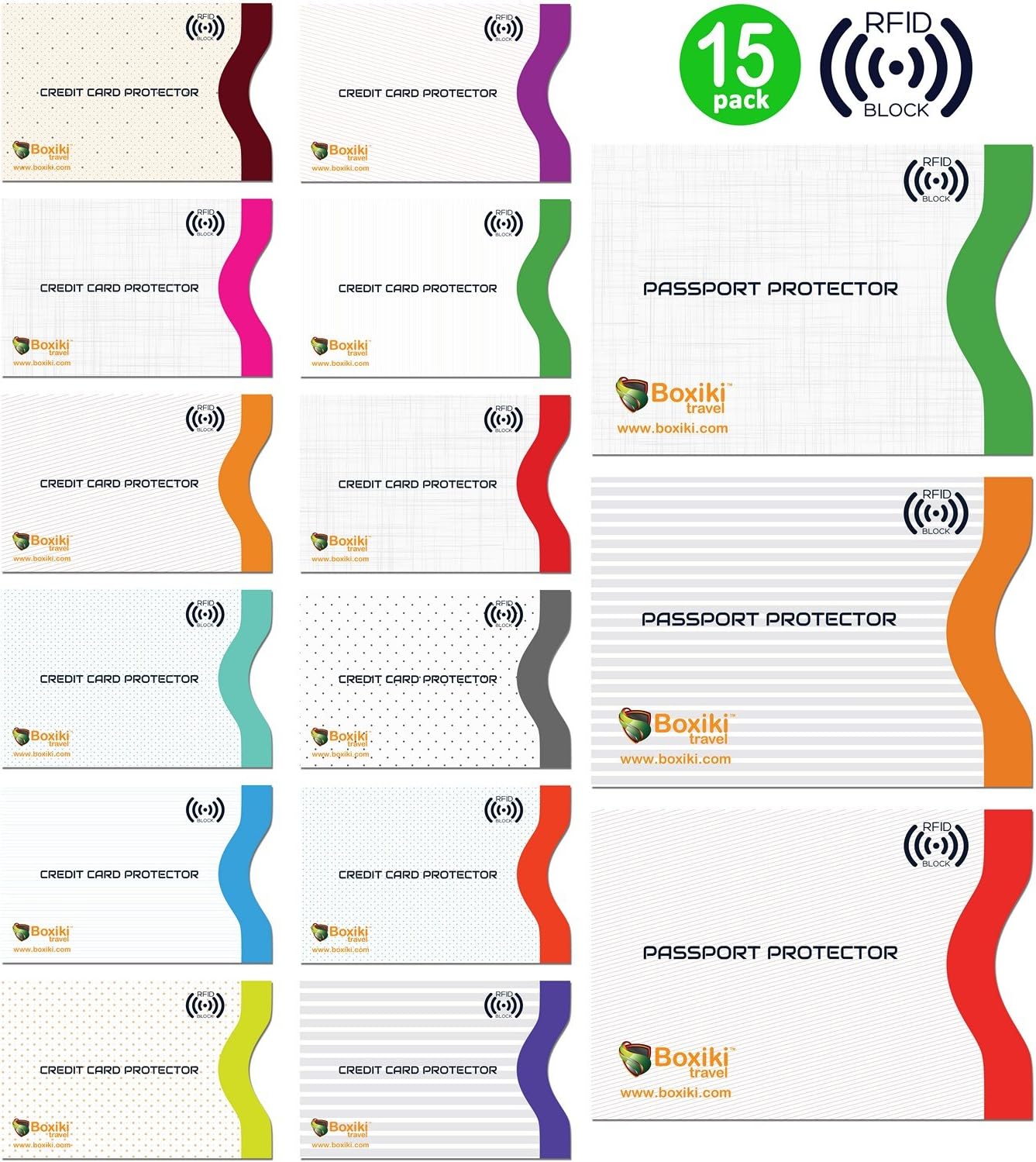 Boxiki Travel Set of 15 RFID, Set with Color Coding | Identity Theft Prevention RFID Blocking Envelopes and Passport Covers (White Collection)